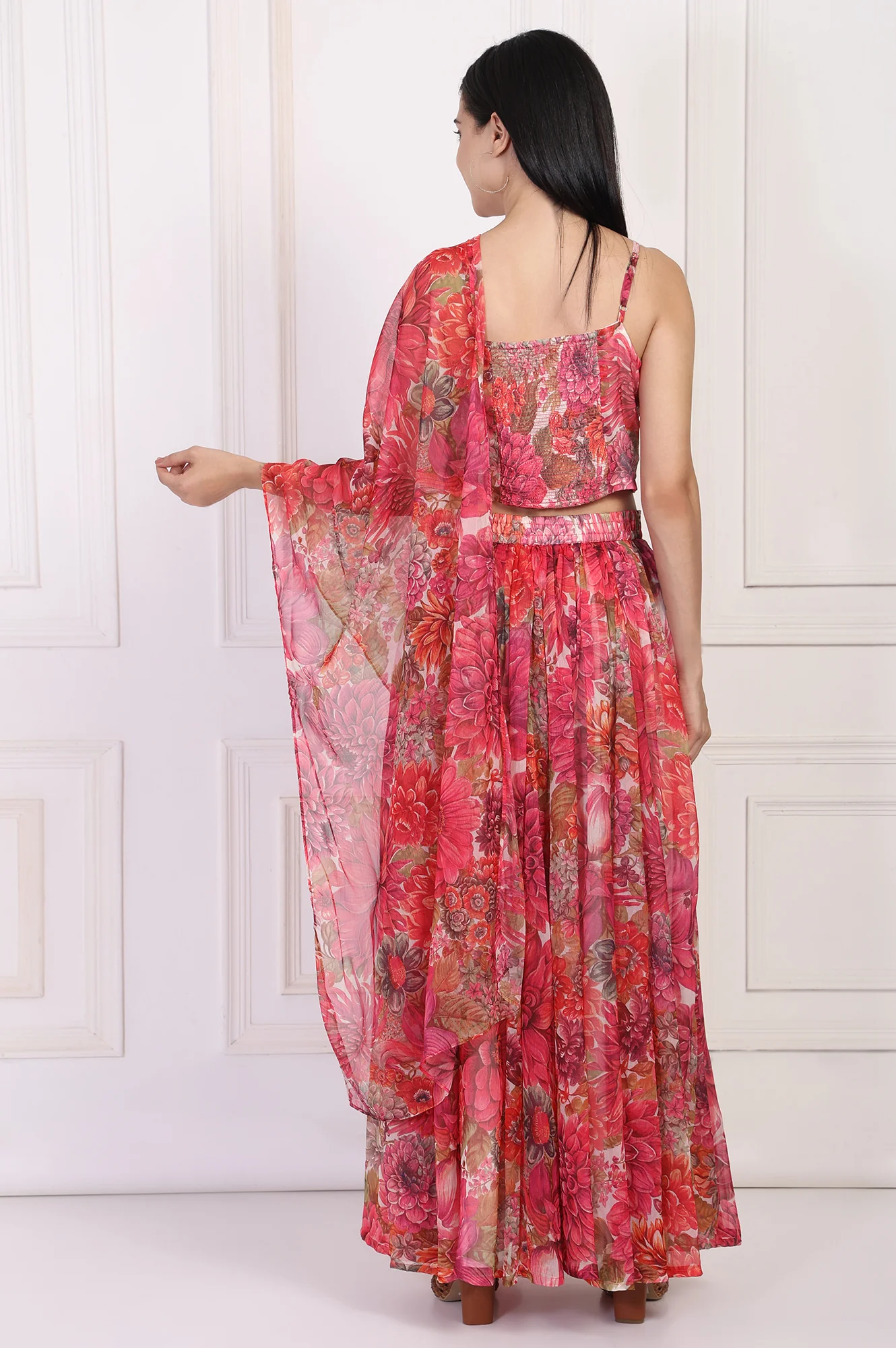 Pink Bold Floral Printed Embellished Georgette Spaghetti Crop Top with Flared Skirt and Dupatta Set - Image 5