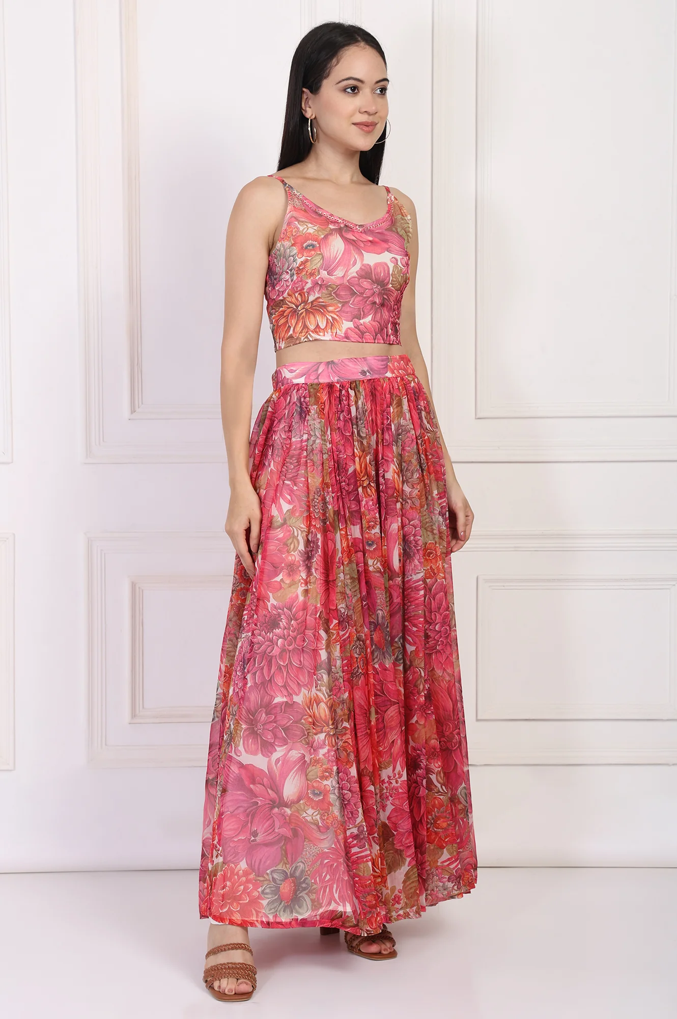 Pink Bold Floral Printed Embellished Georgette Spaghetti Crop Top with Flared Skirt and Dupatta Set - Image 6