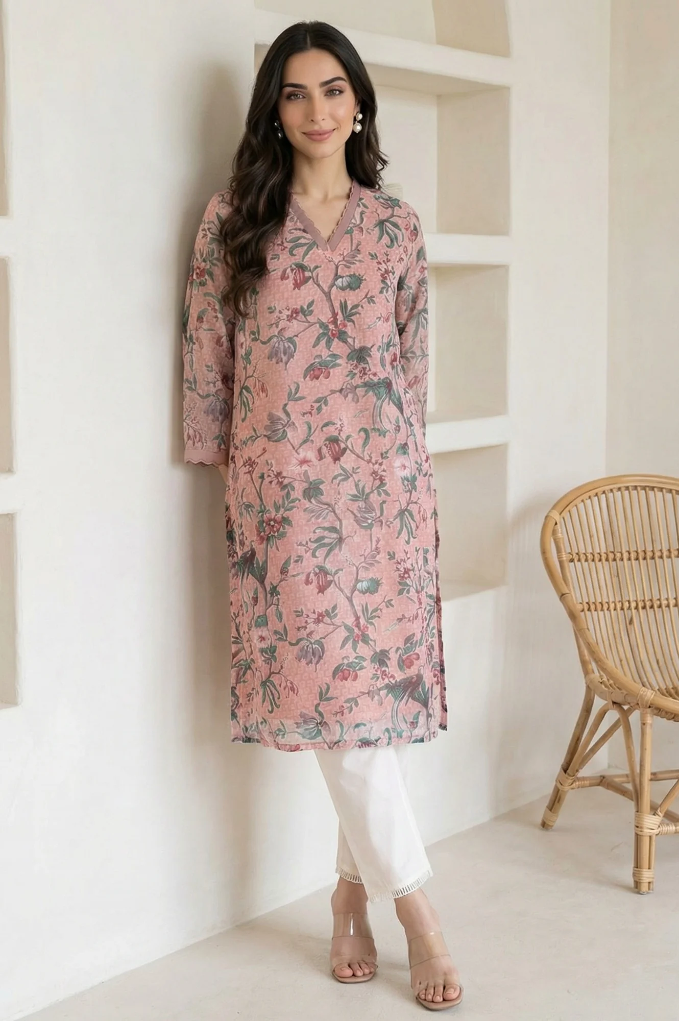 Pink Floral Printed Lace Chiffon Straight Kurta