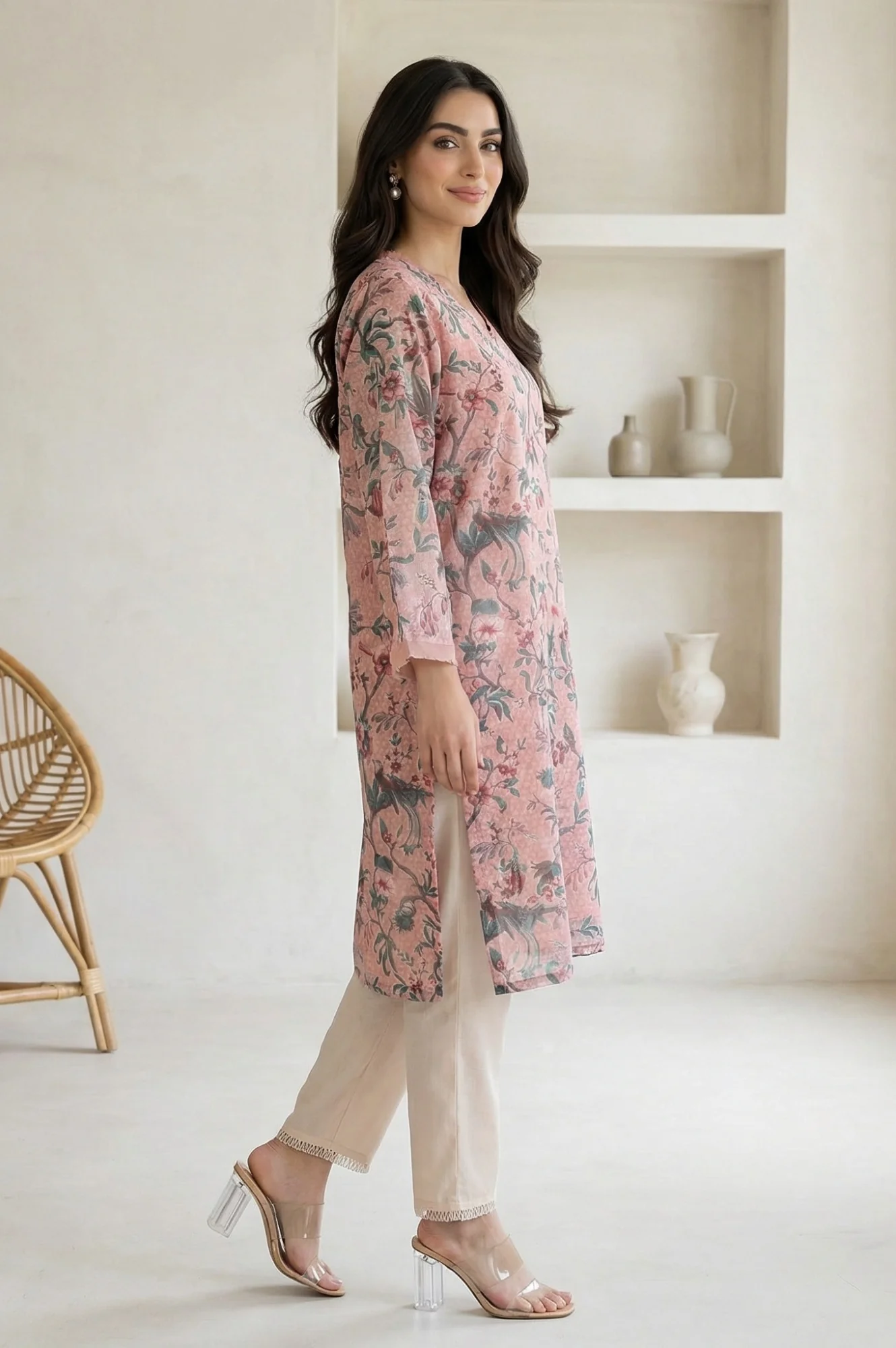 Pink Floral Printed Lace Chiffon Straight Kurta - Image 6