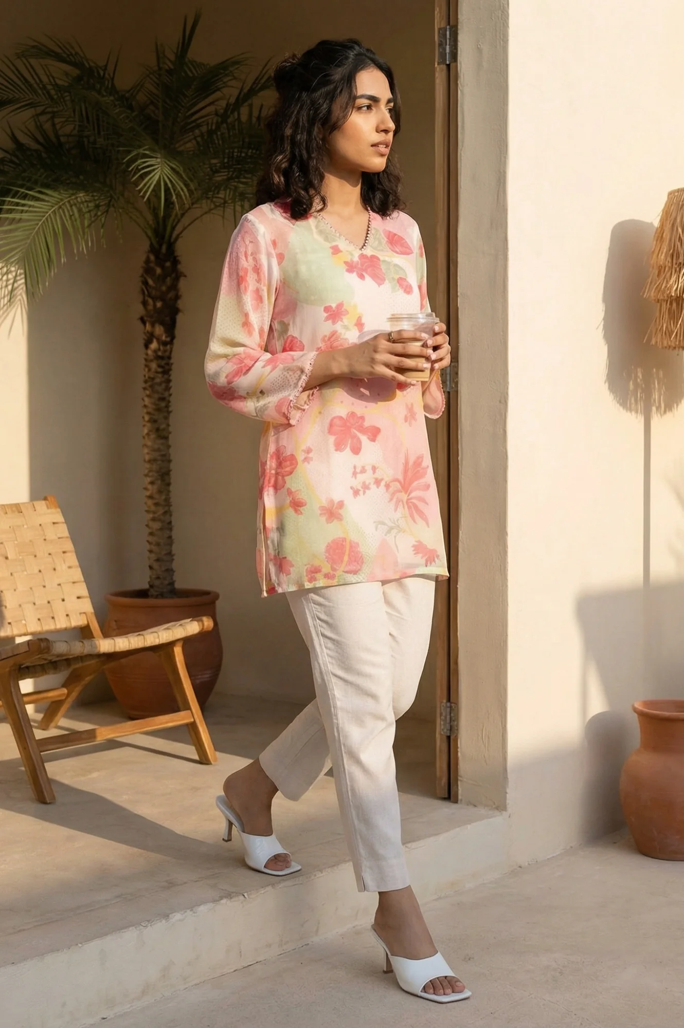 Pink Floral Printed Lace Silver Chiffon Straight Top - Image 2