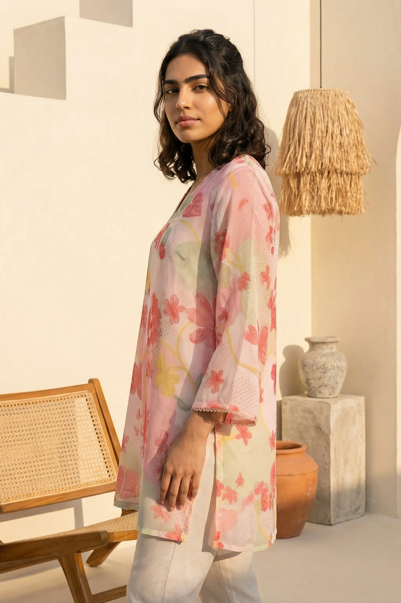 Pink Floral Printed Lace Silver Chiffon Straight Top - Image 4