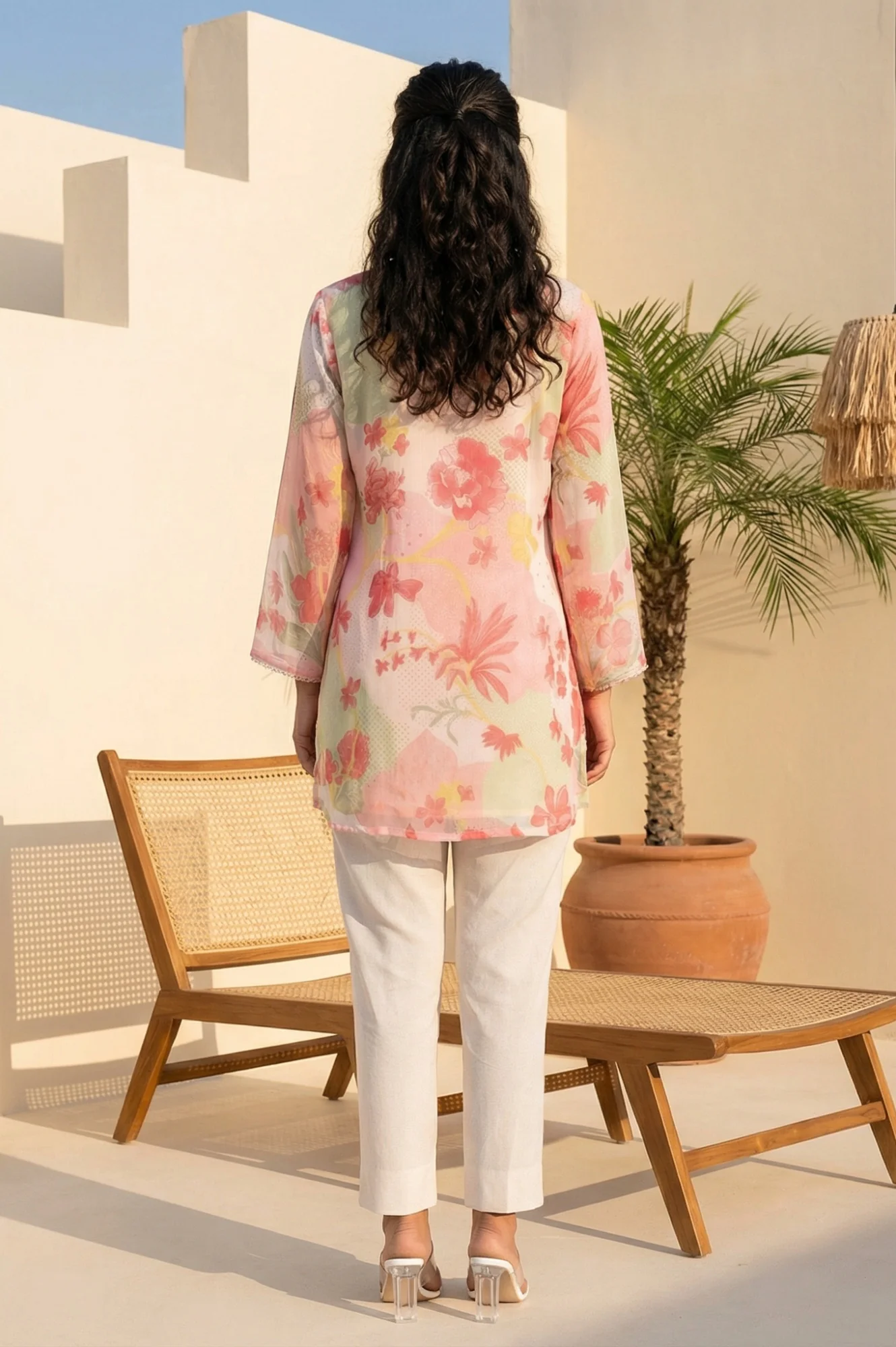 Pink Floral Printed Lace Silver Chiffon Straight Top - Image 5