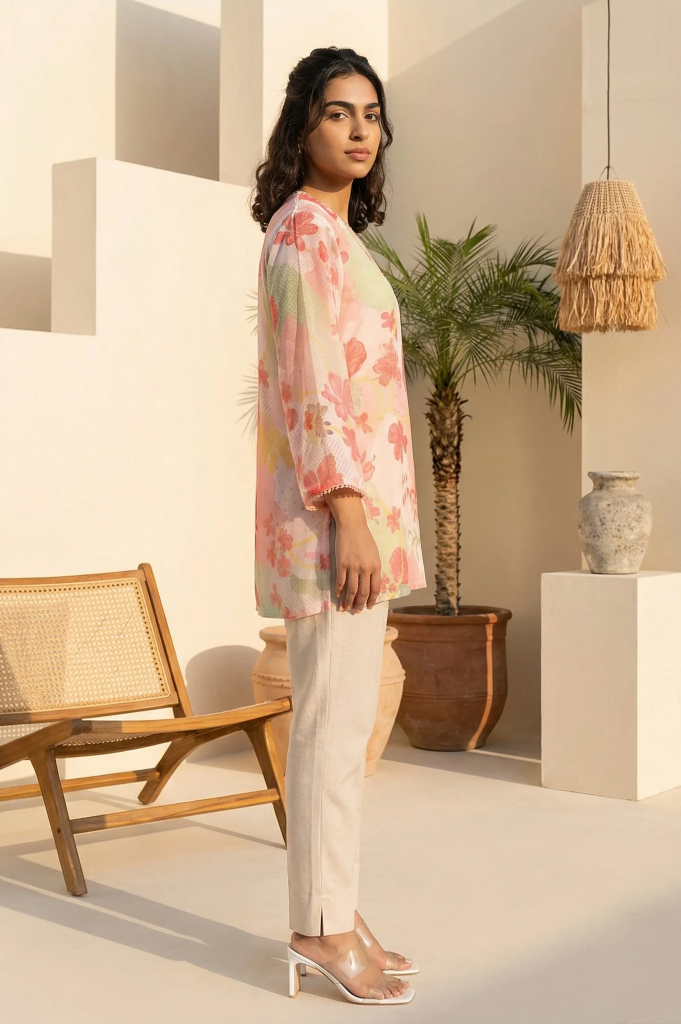Pink Floral Printed Lace Silver Chiffon Straight Top - Image 6