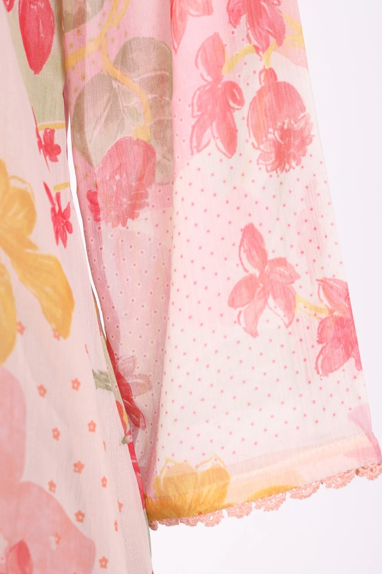 Pink Floral Printed Lace Silver Chiffon Straight Top - Image 7