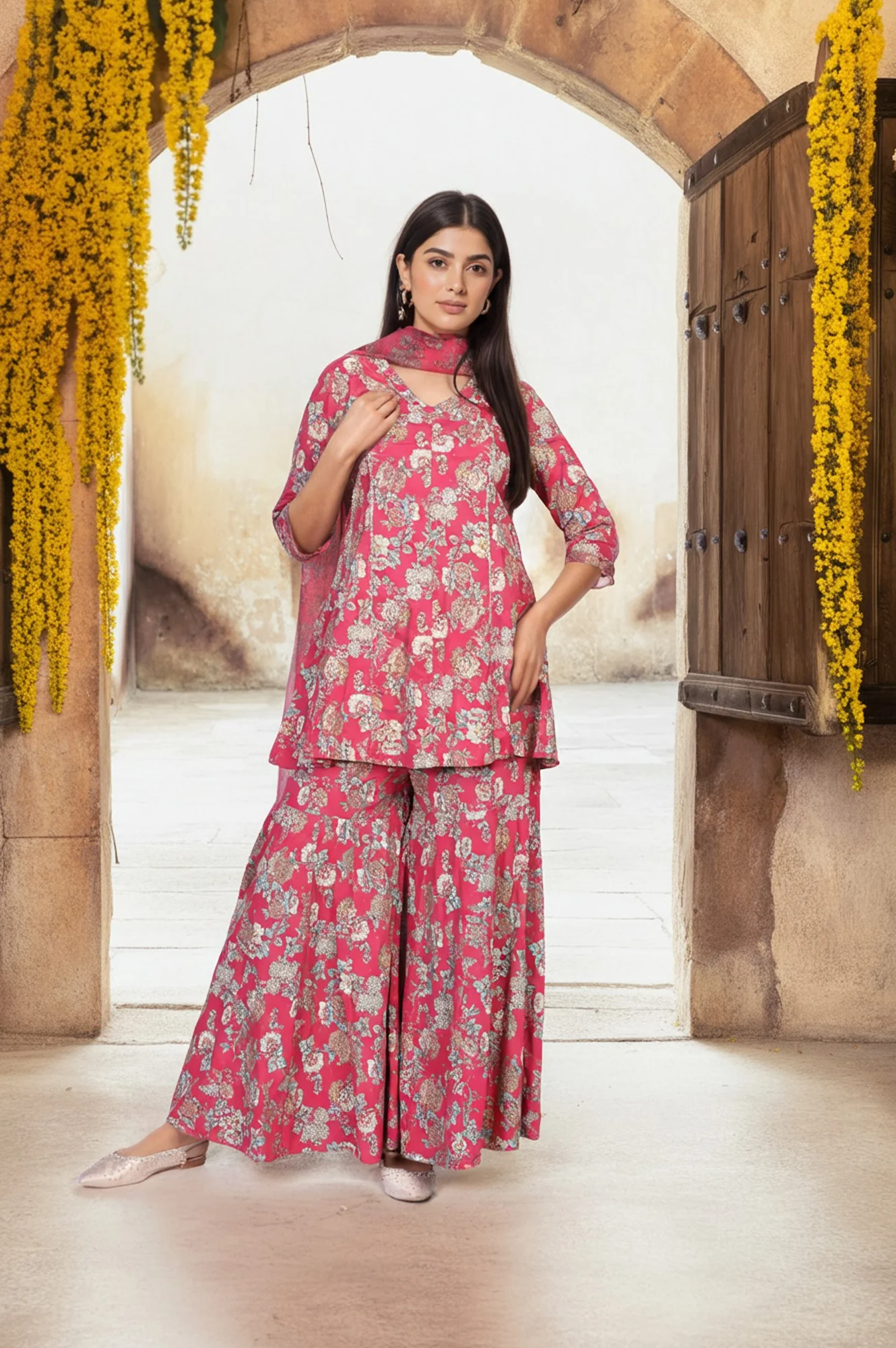 Pink Floral Printed Lace Trim Flared Rayon Kurta with Sharara and Dupatta Set - Image 2
