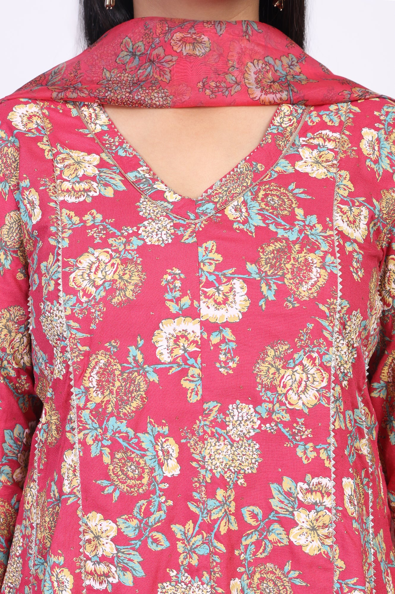 Pink Floral Printed Lace Trim Flared Rayon Kurta with Sharara and Dupatta Set - Image 3