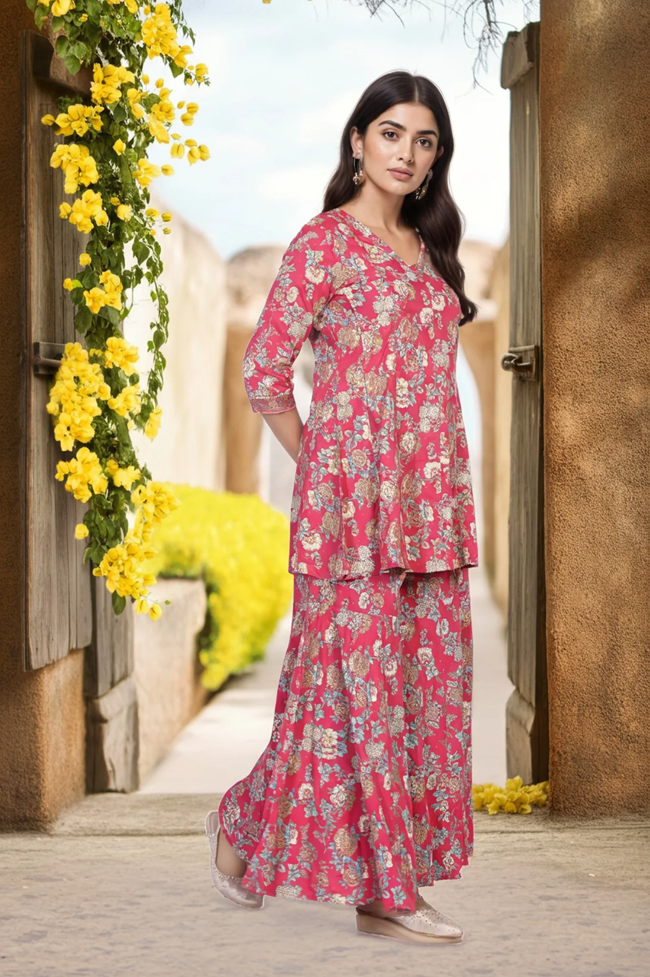 Pink Floral Printed Lace Trim Flared Rayon Kurta with Sharara and Dupatta Set - Image 4