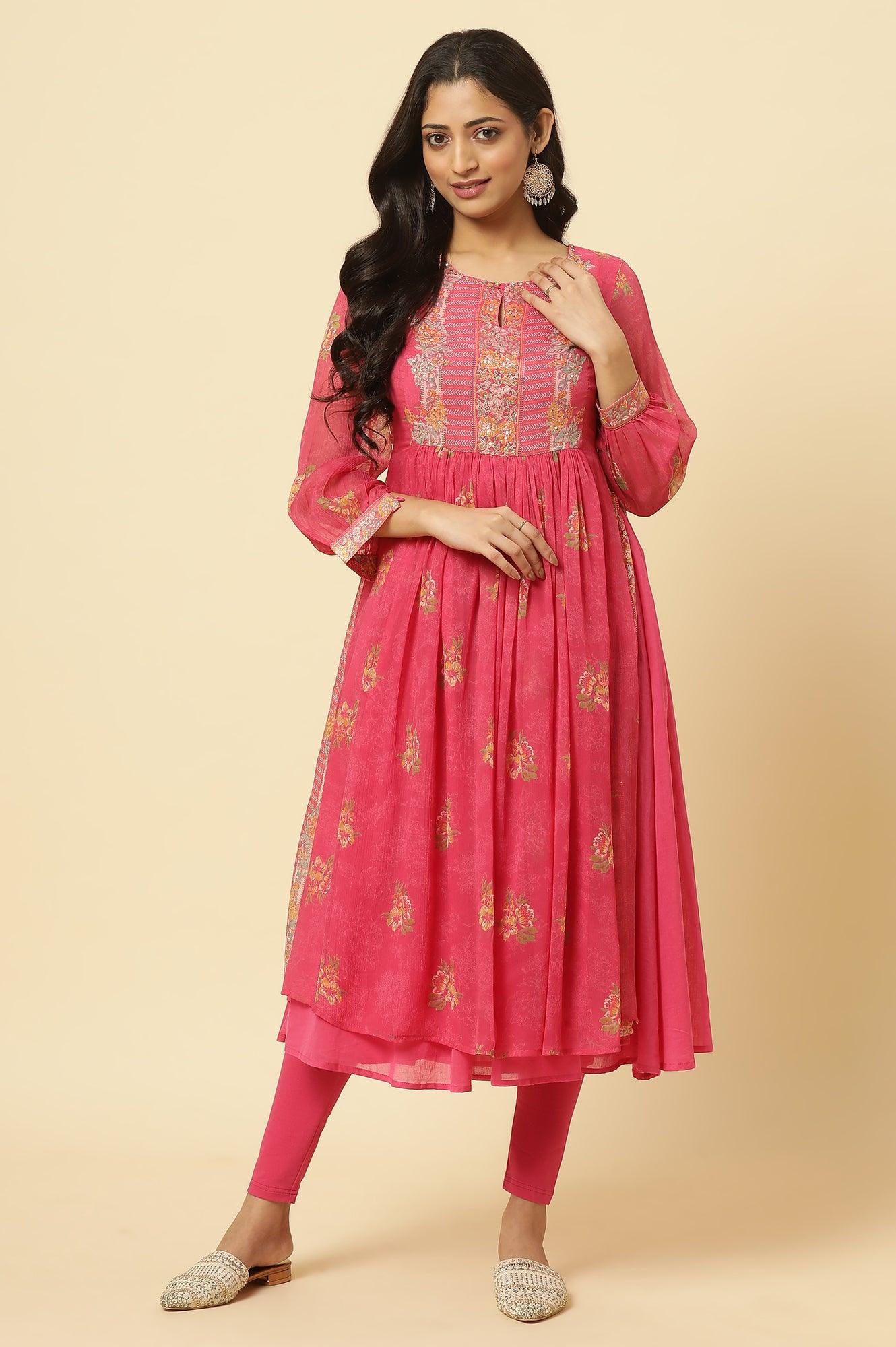 Pink Floral Printed Layered Kurta And Tights And Dupatta Set - Image 3