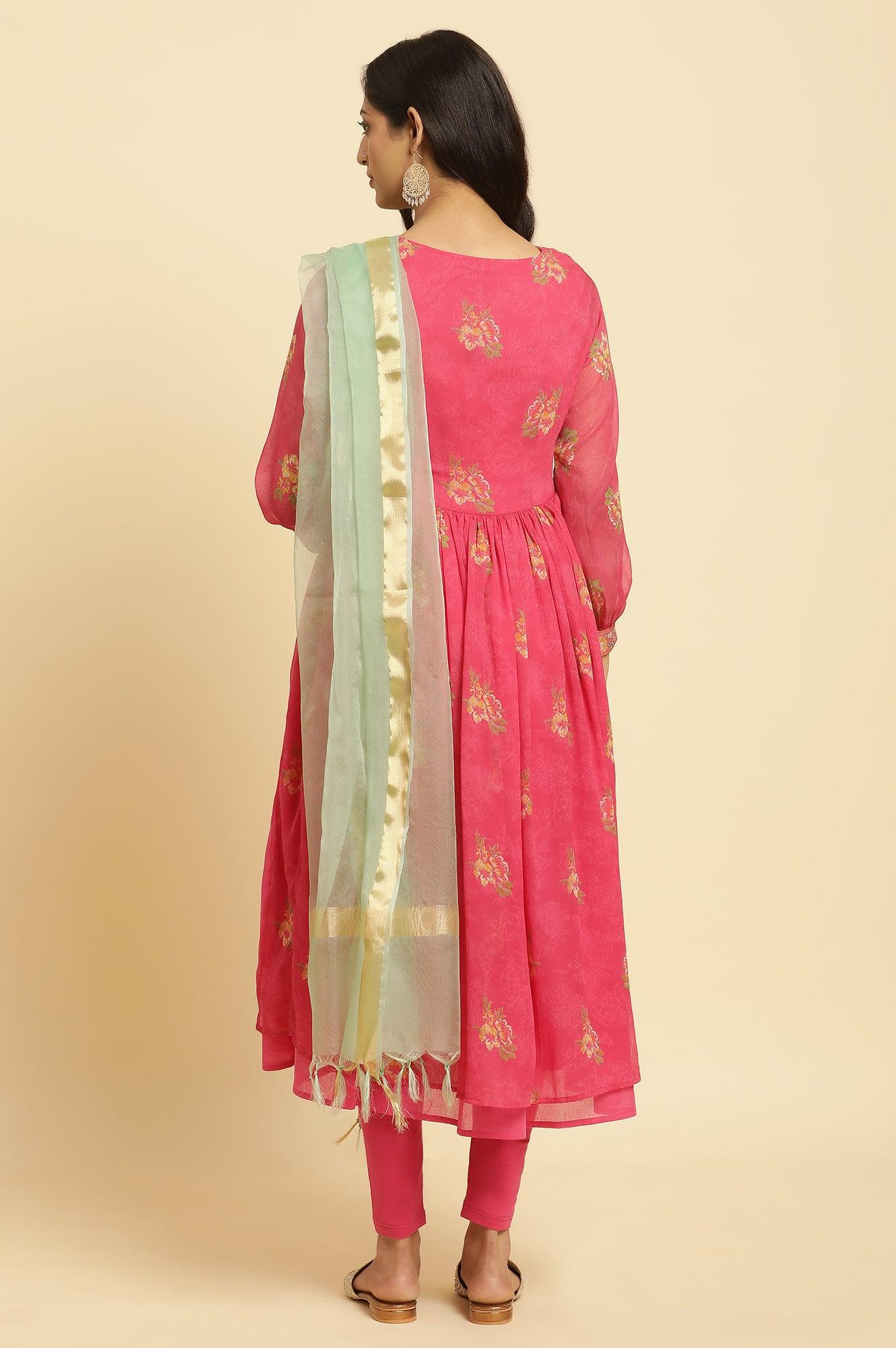Pink Floral Printed Layered Kurta And Tights And Dupatta Set - Image 4