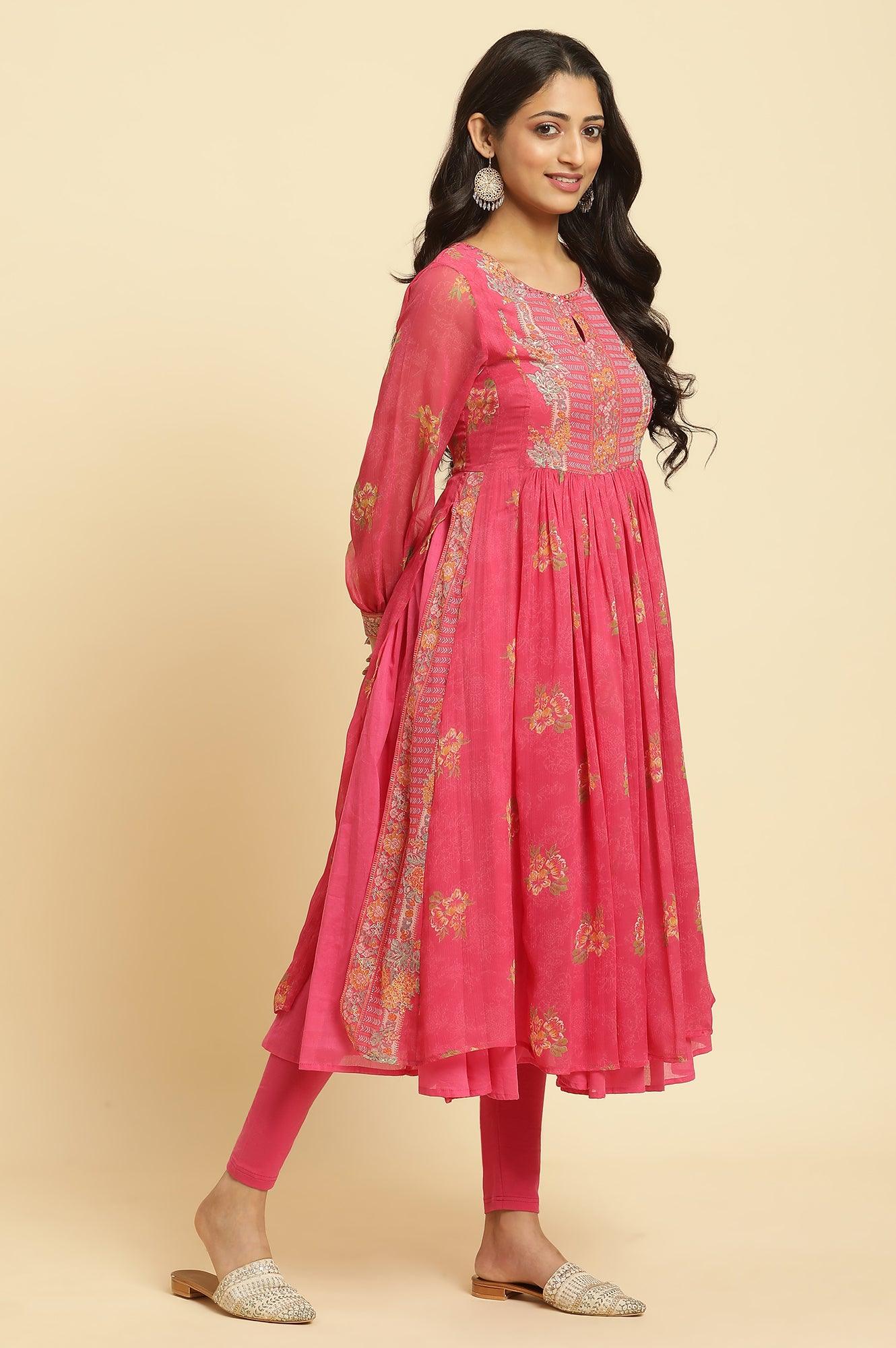Pink Floral Printed Layered Kurta And Tights And Dupatta Set - Image 5