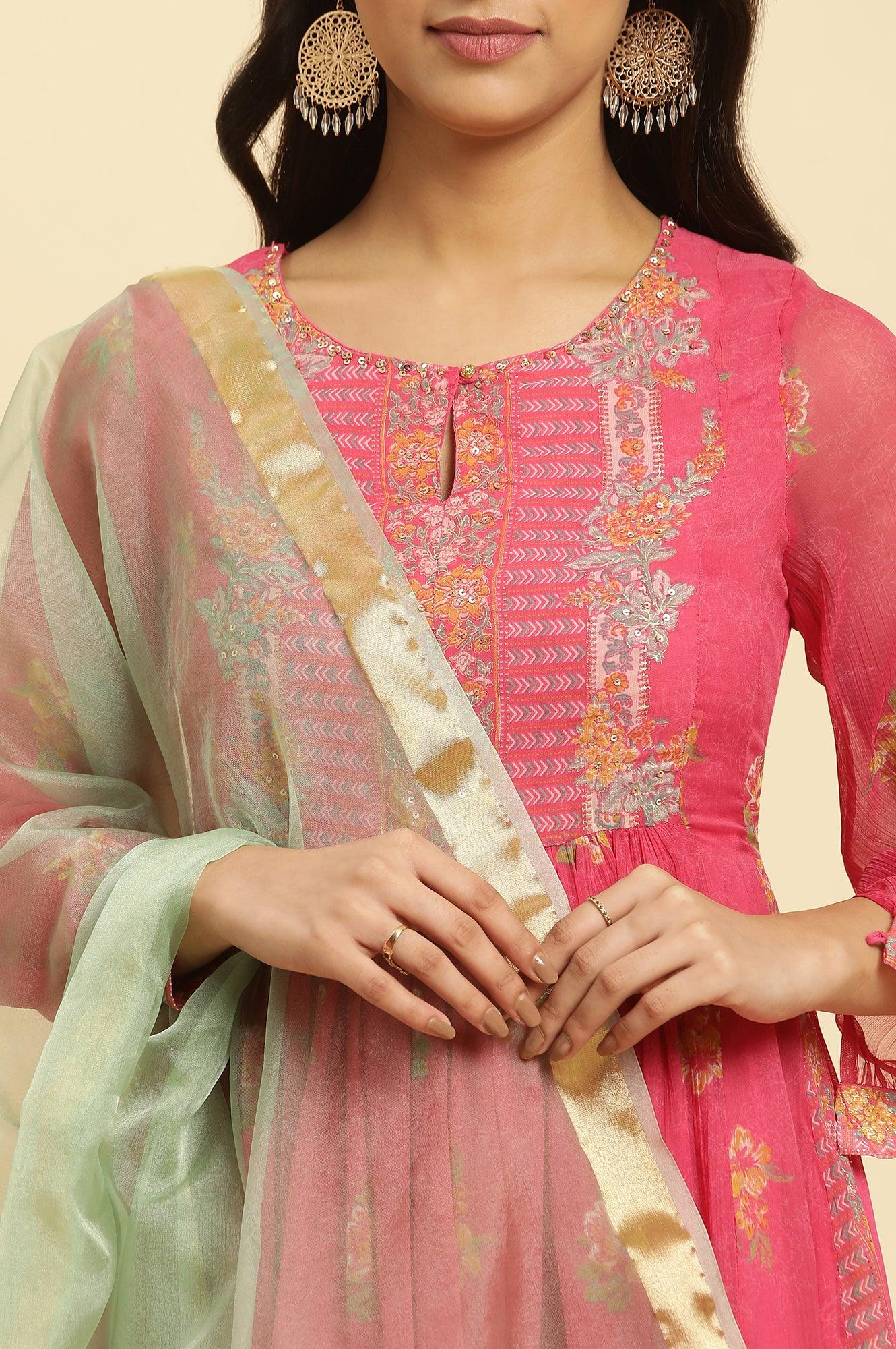Pink Floral Printed Layered Kurta And Tights And Dupatta Set - Image 6