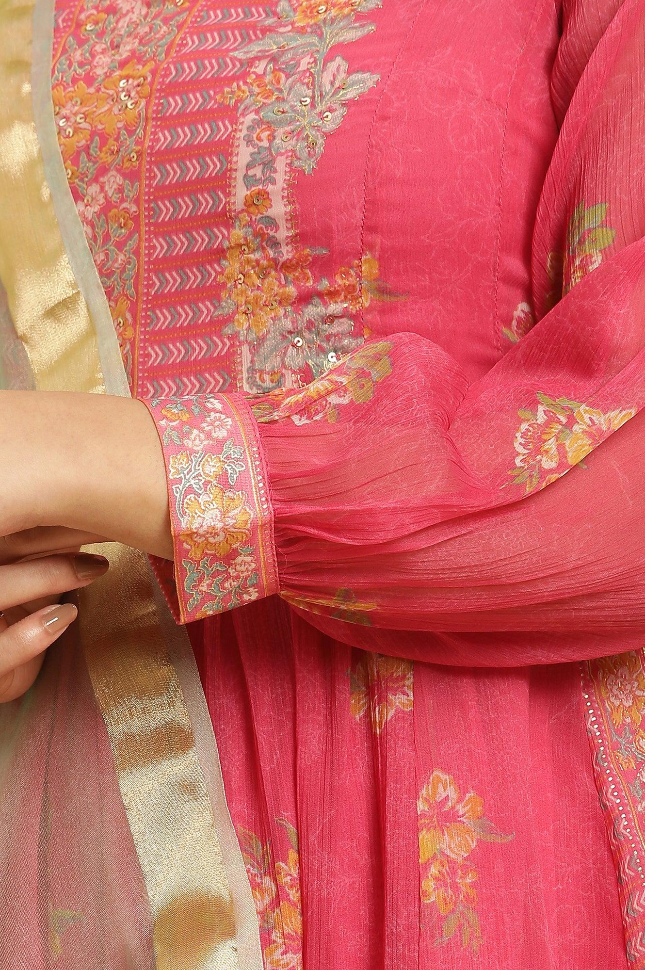 Pink Floral Printed Layered Kurta And Tights And Dupatta Set - Image 7