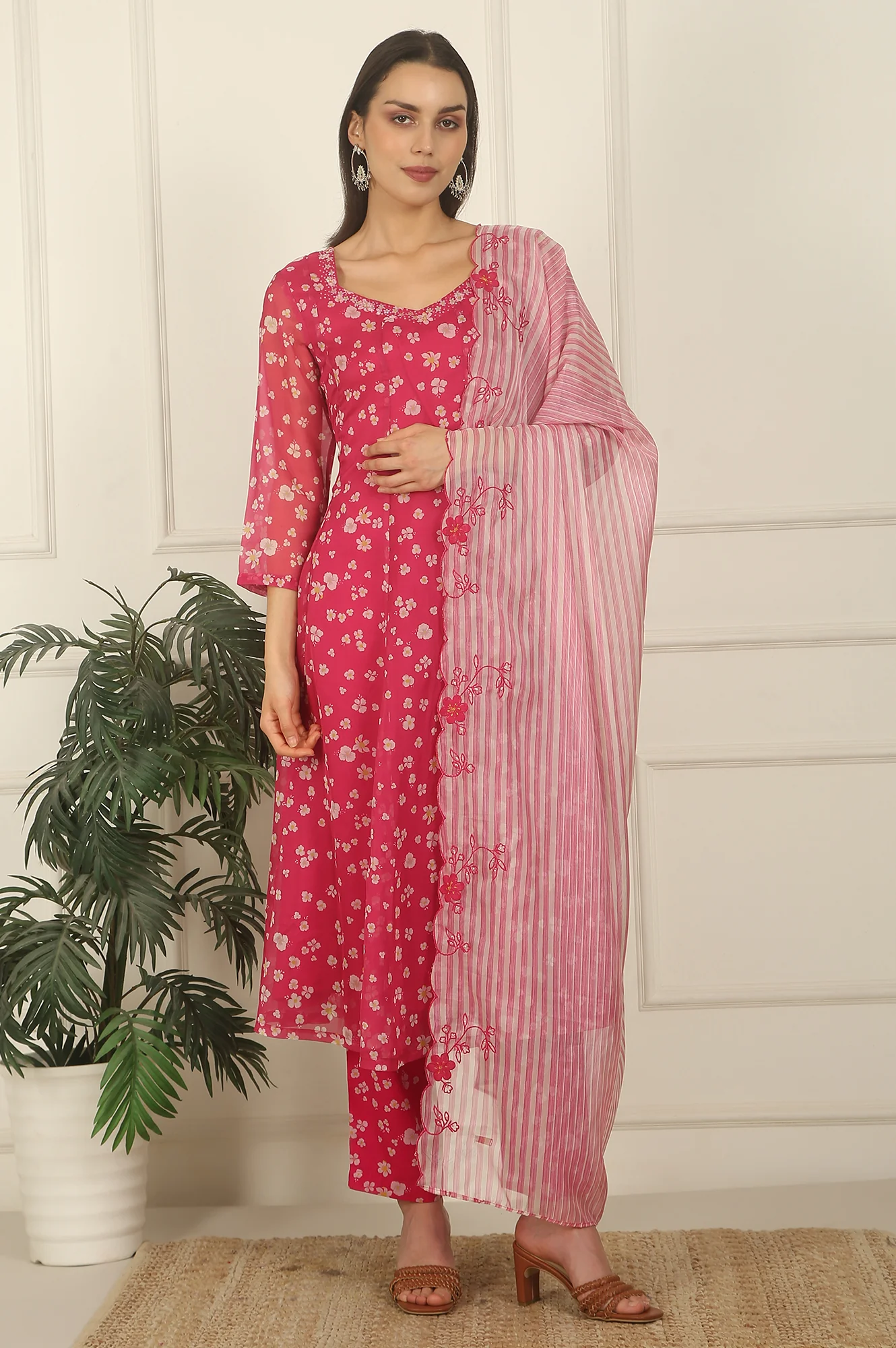 Pink Floral Printed Organza Anarkali Kurta, Pants and Dupatta Set - Image 2