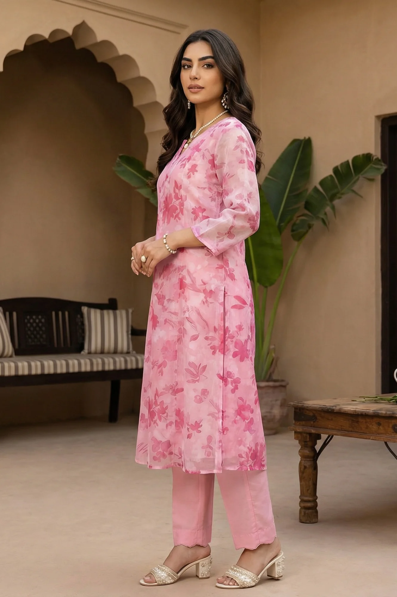 Pink Floral Printed Organza Straight Kurta with Pants and Dupatta Set - Image 3