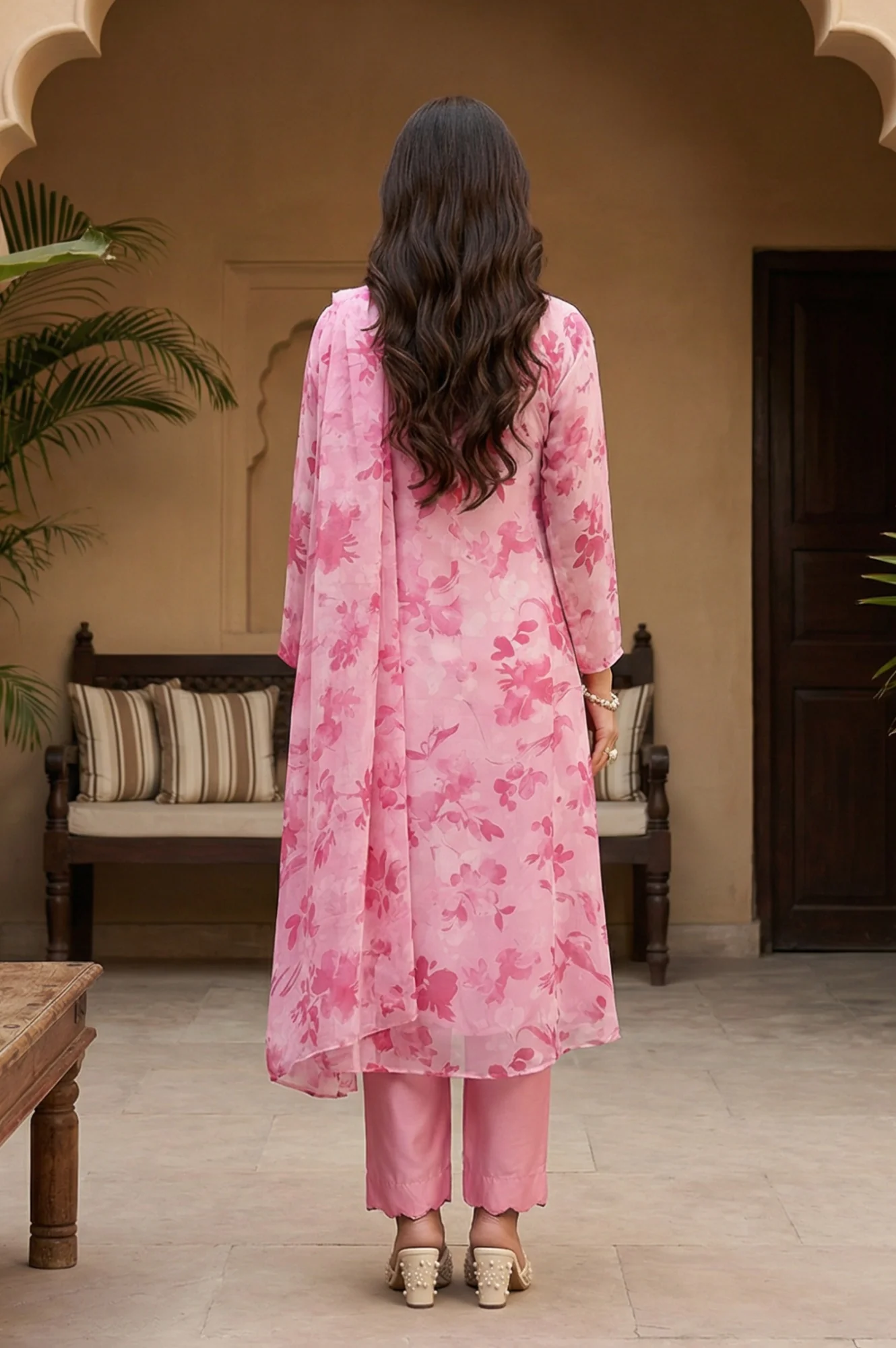 Pink Floral Printed Organza Straight Kurta with Pants and Dupatta Set - Image 4
