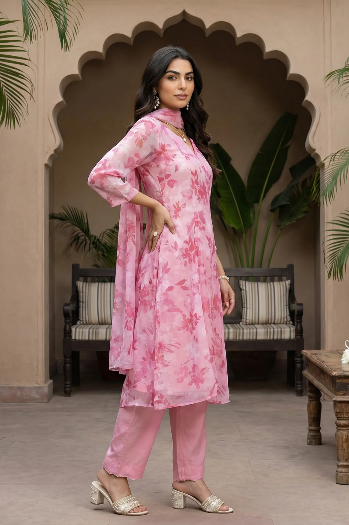 Pink Floral Printed Organza Straight Kurta with Pants and Dupatta Set - Image 5