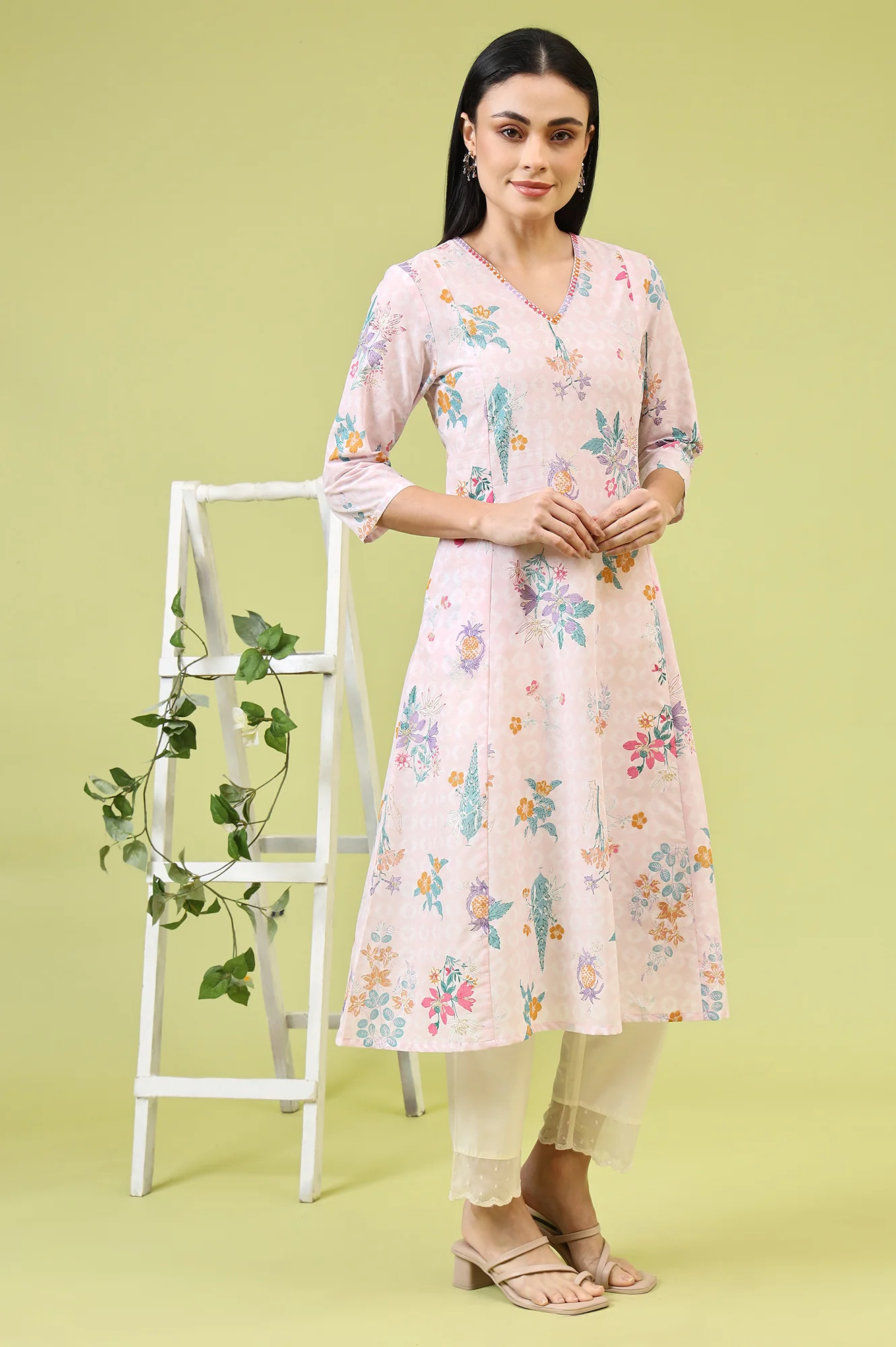 Pink Floral Printed Pure Cotton A-line Kurta with Thread Embroidery - Image 7