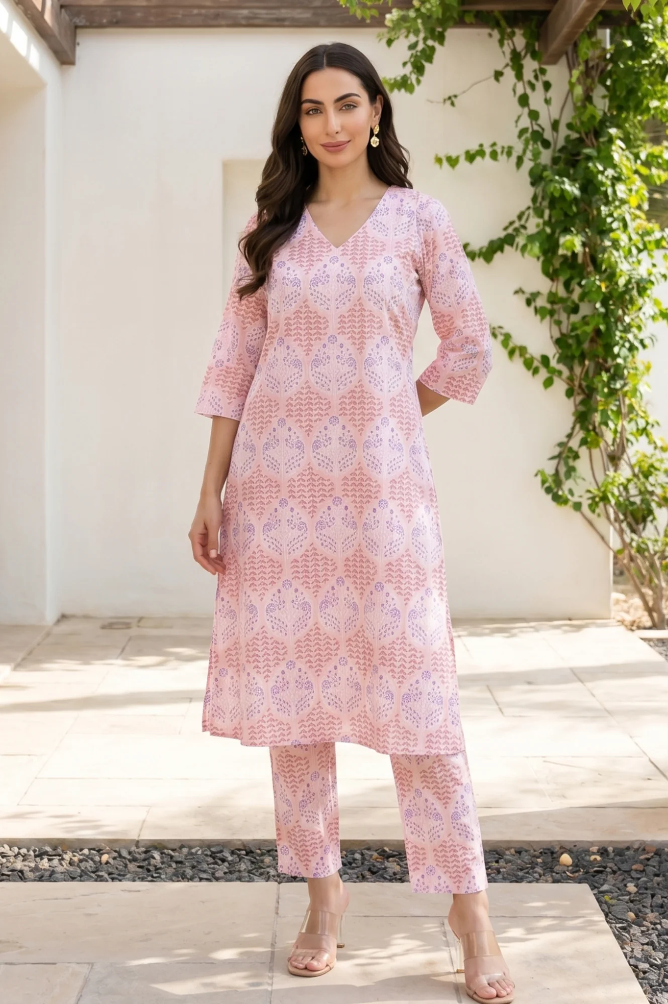 Pink Floral Printed Pure Cotton A-line Kurta with Pants Co-ord Set