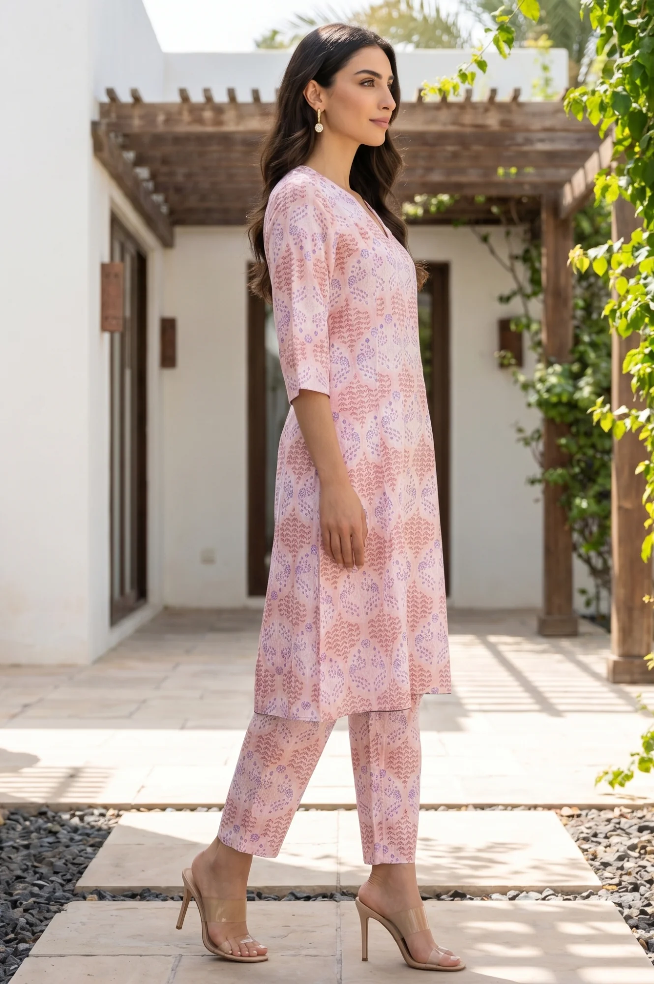 Pink Floral Printed Pure Cotton A-line Kurta with Pants Co-ord Set - Image 6