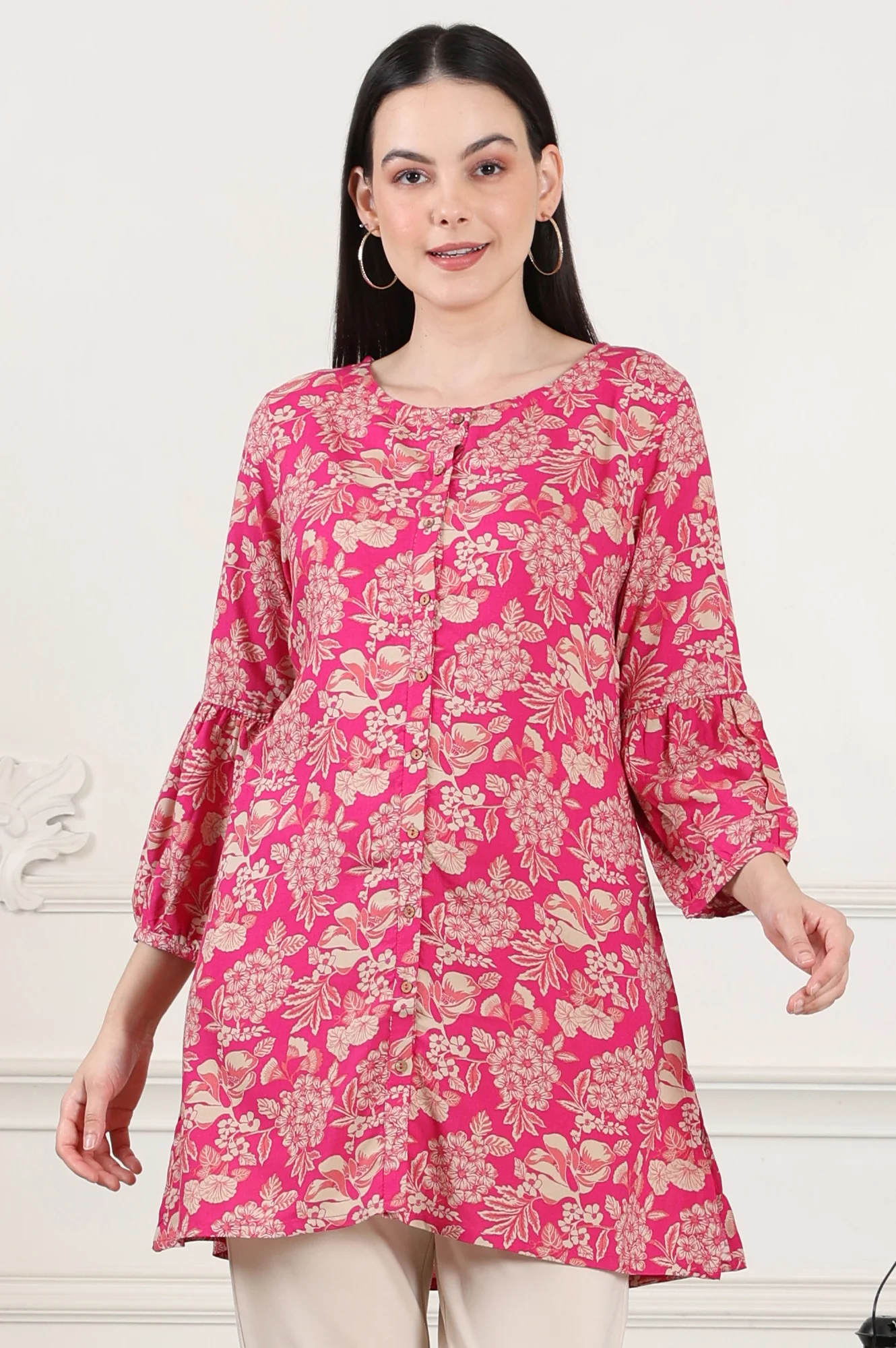 Pink Floral Printed Rayon Button Down Tunic - Image 2