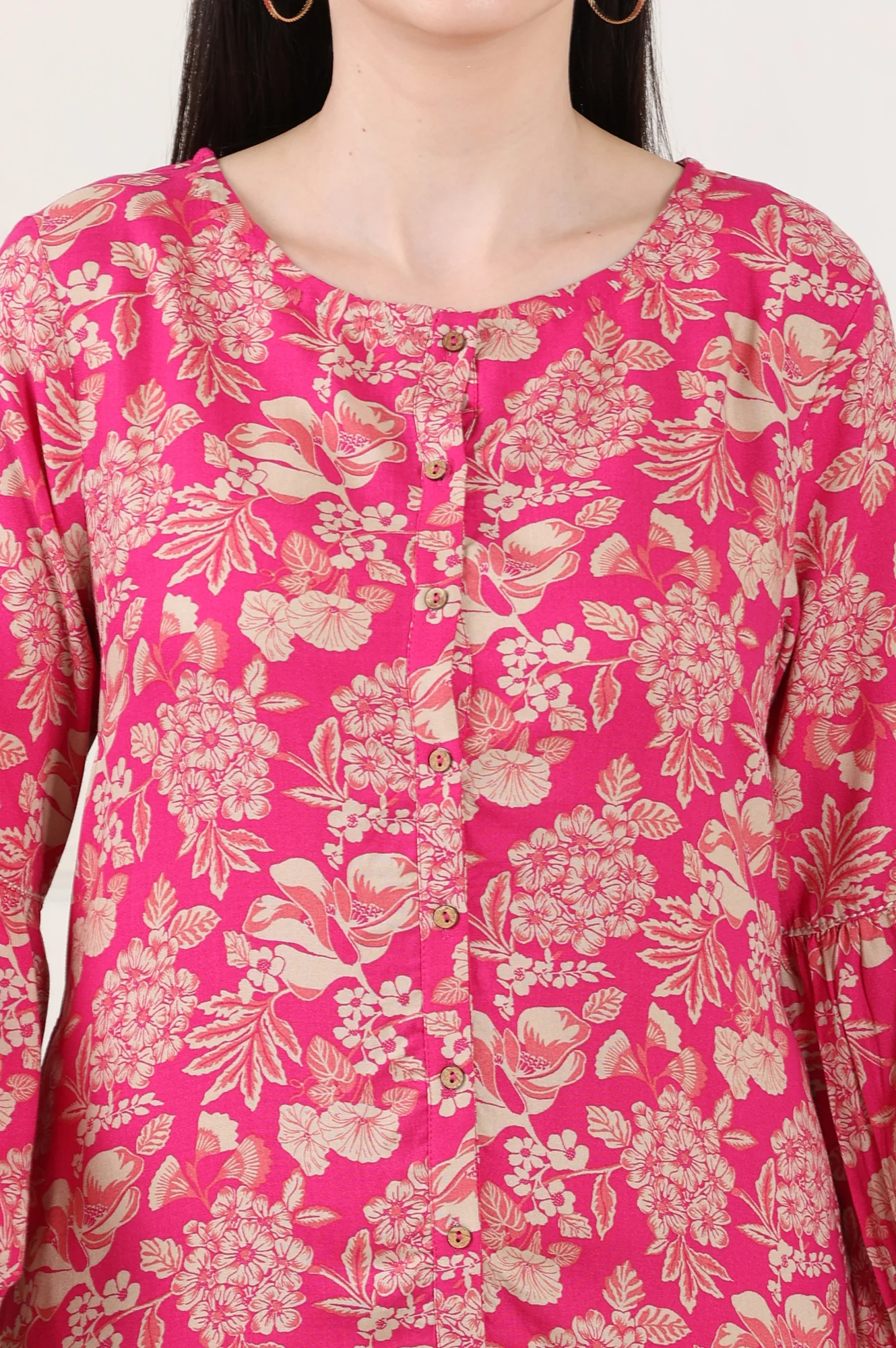 Pink Floral Printed Rayon Button Down Tunic - Image 3