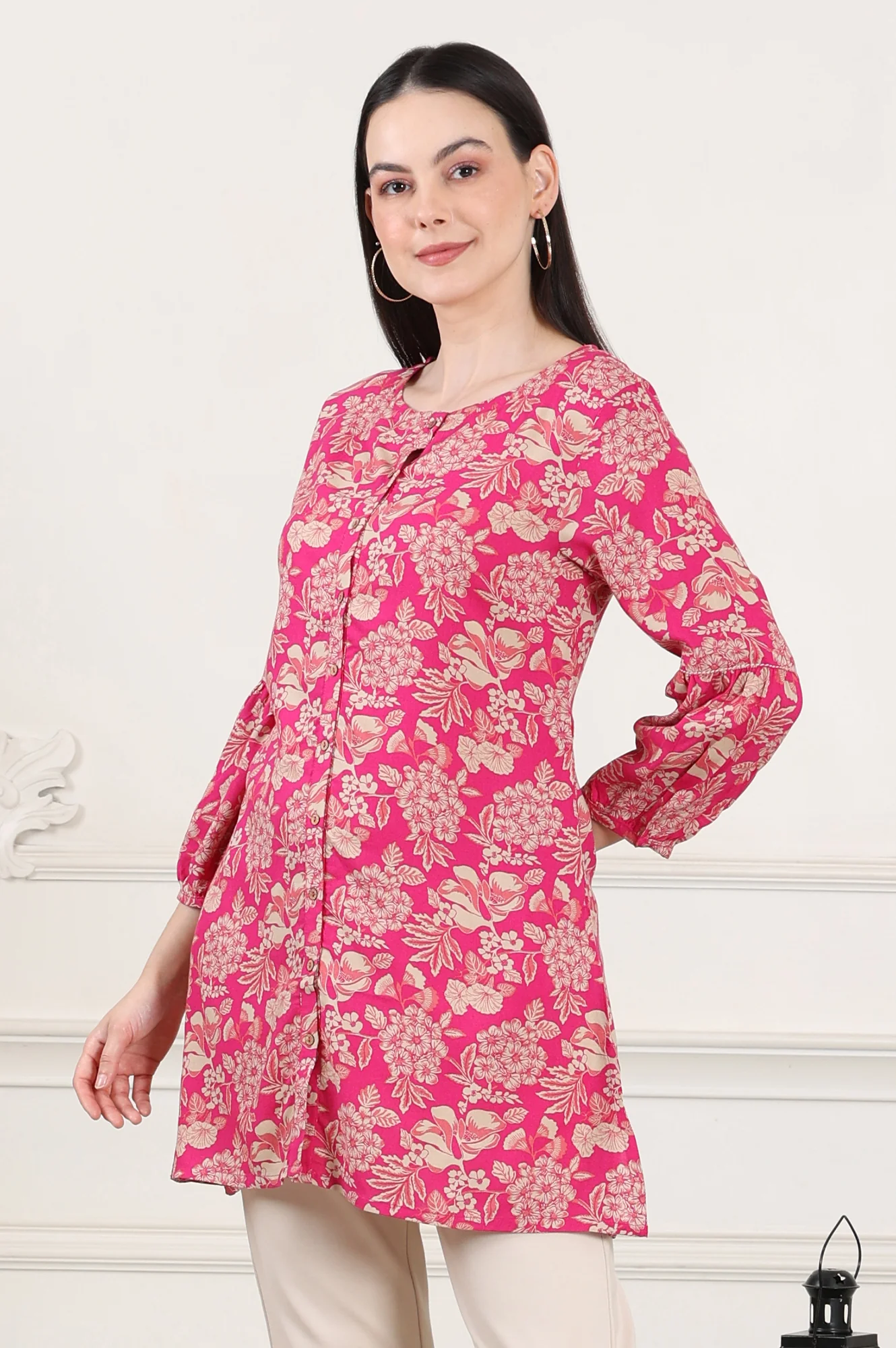Pink Floral Printed Rayon Button Down Tunic - Image 4