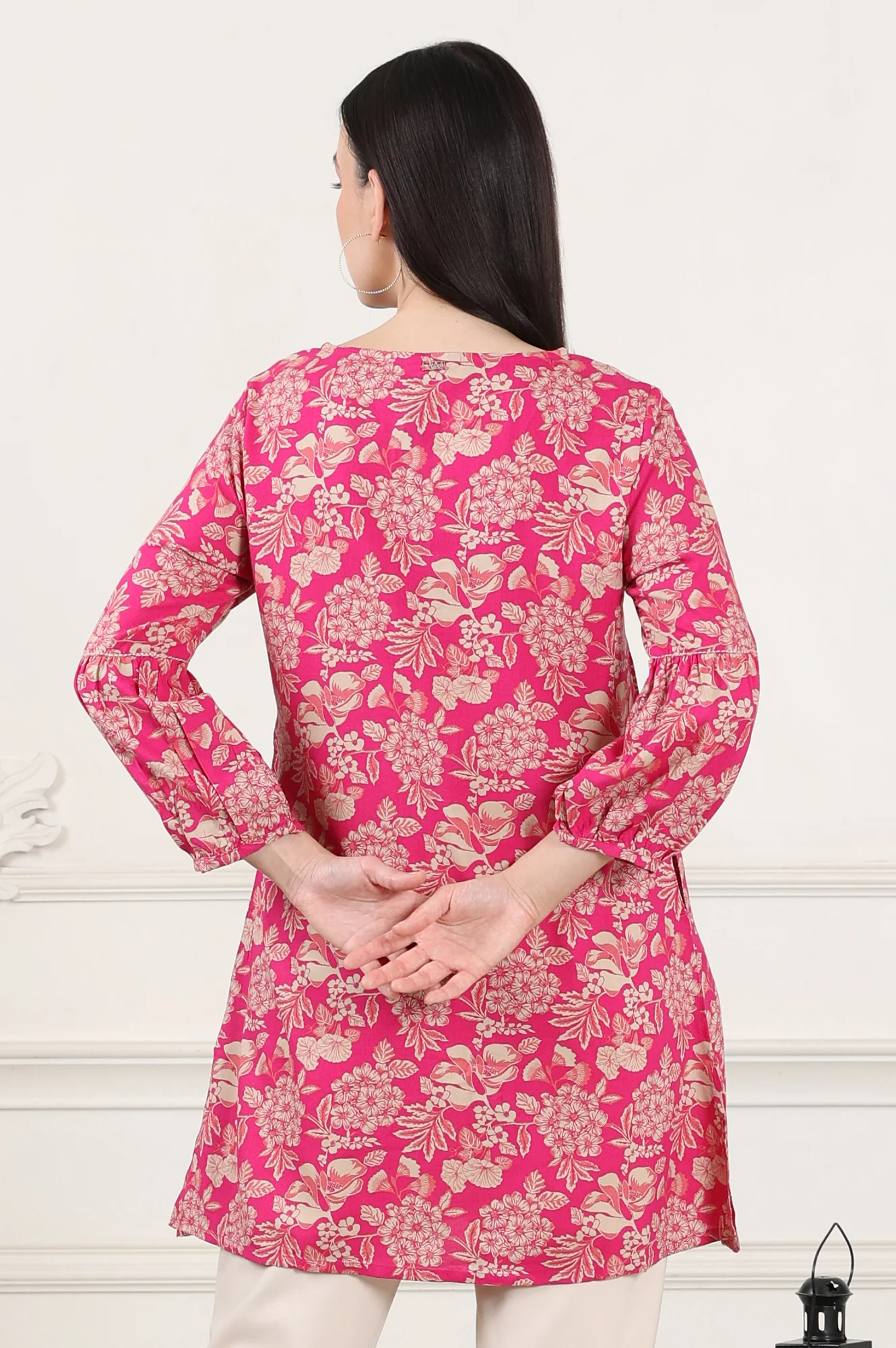 Pink Floral Printed Rayon Button Down Tunic - Image 5
