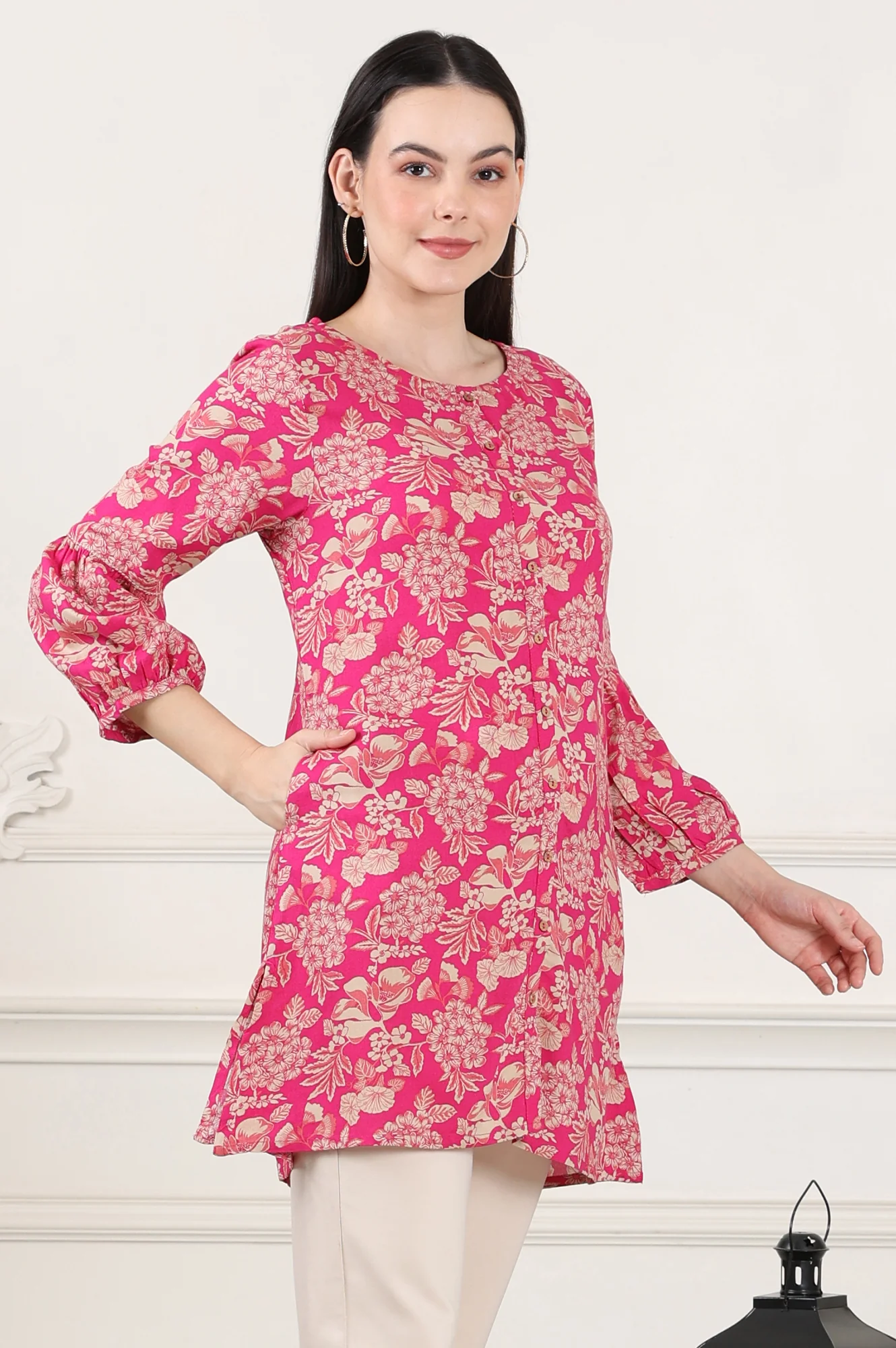 Pink Floral Printed Rayon Button Down Tunic - Image 6