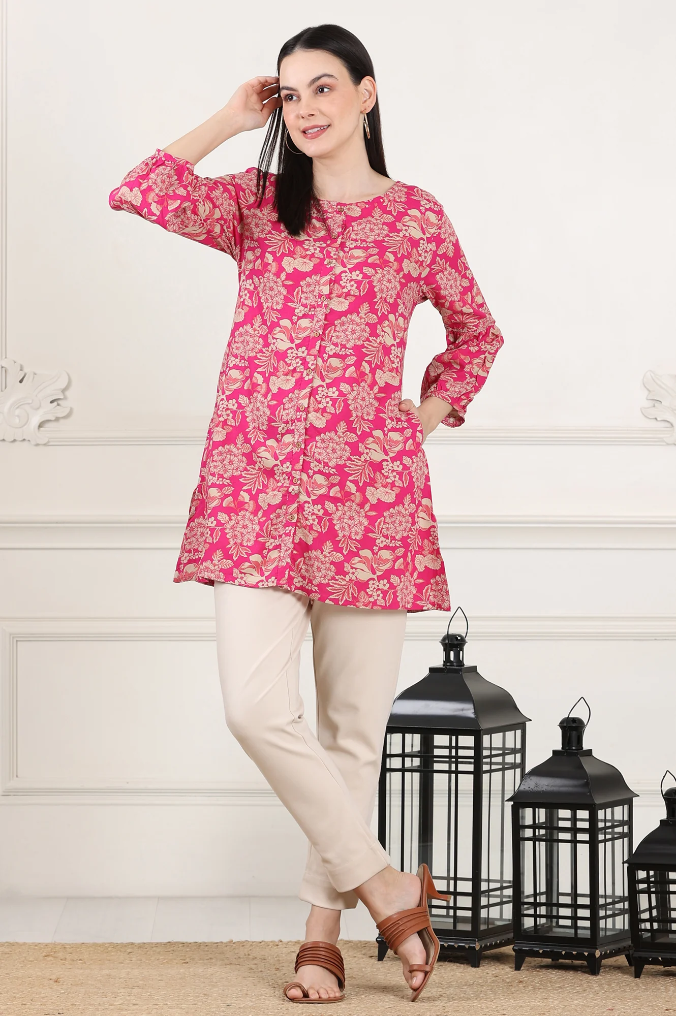 Pink Floral Printed Rayon Button Down Tunic - Image 9