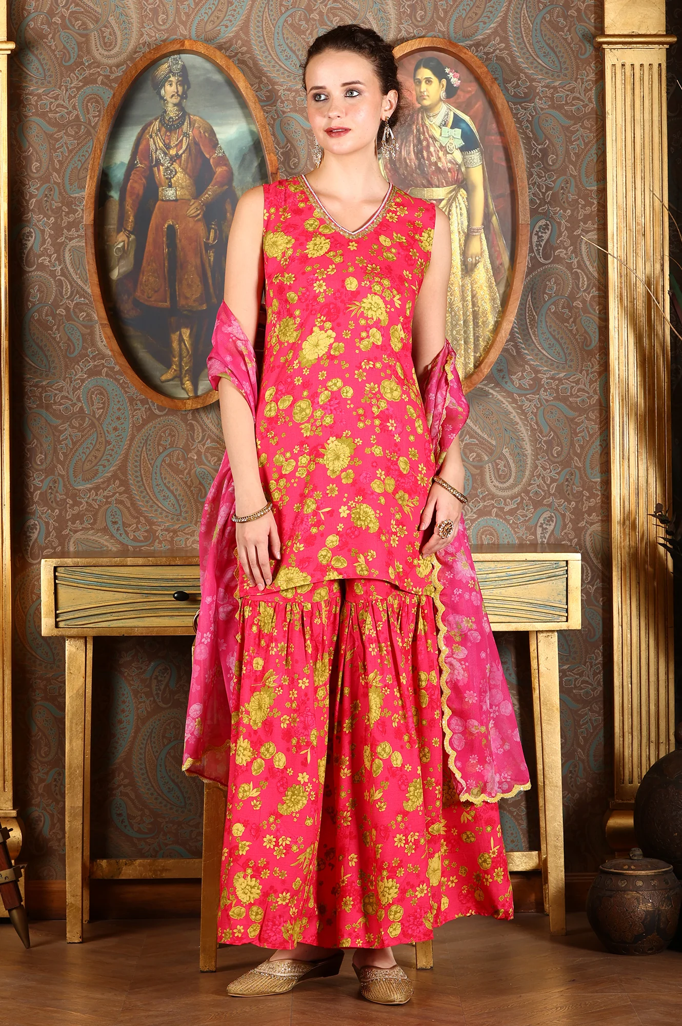 Pink Floral Printed Sleeveless Short Kurta, Sharara And Dupatta Set - Image 3