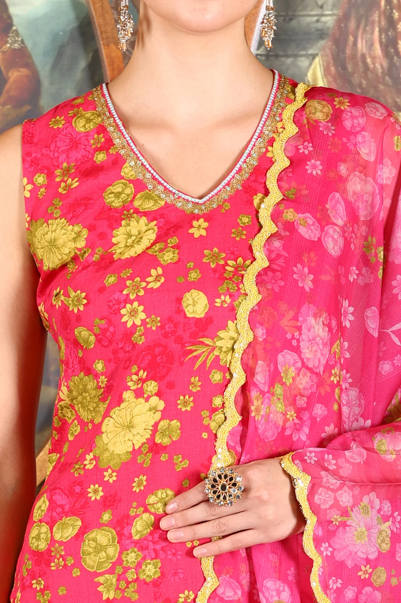 Pink Floral Printed Sleeveless Short Kurta, Sharara And Dupatta Set - Image 4