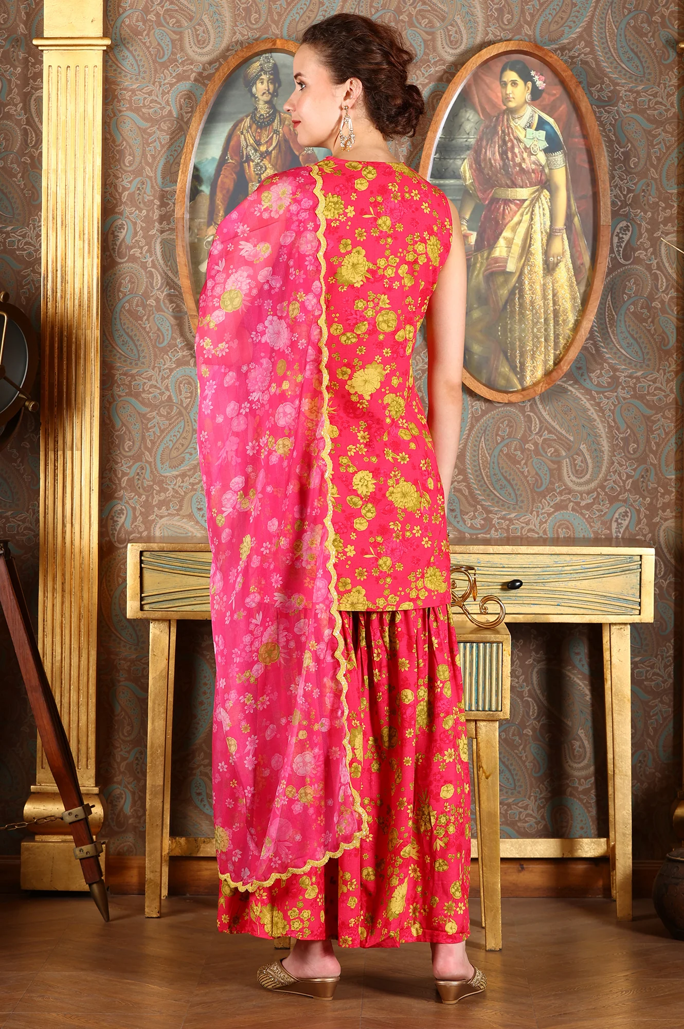 Pink Floral Printed Sleeveless Short Kurta, Sharara And Dupatta Set - Image 6