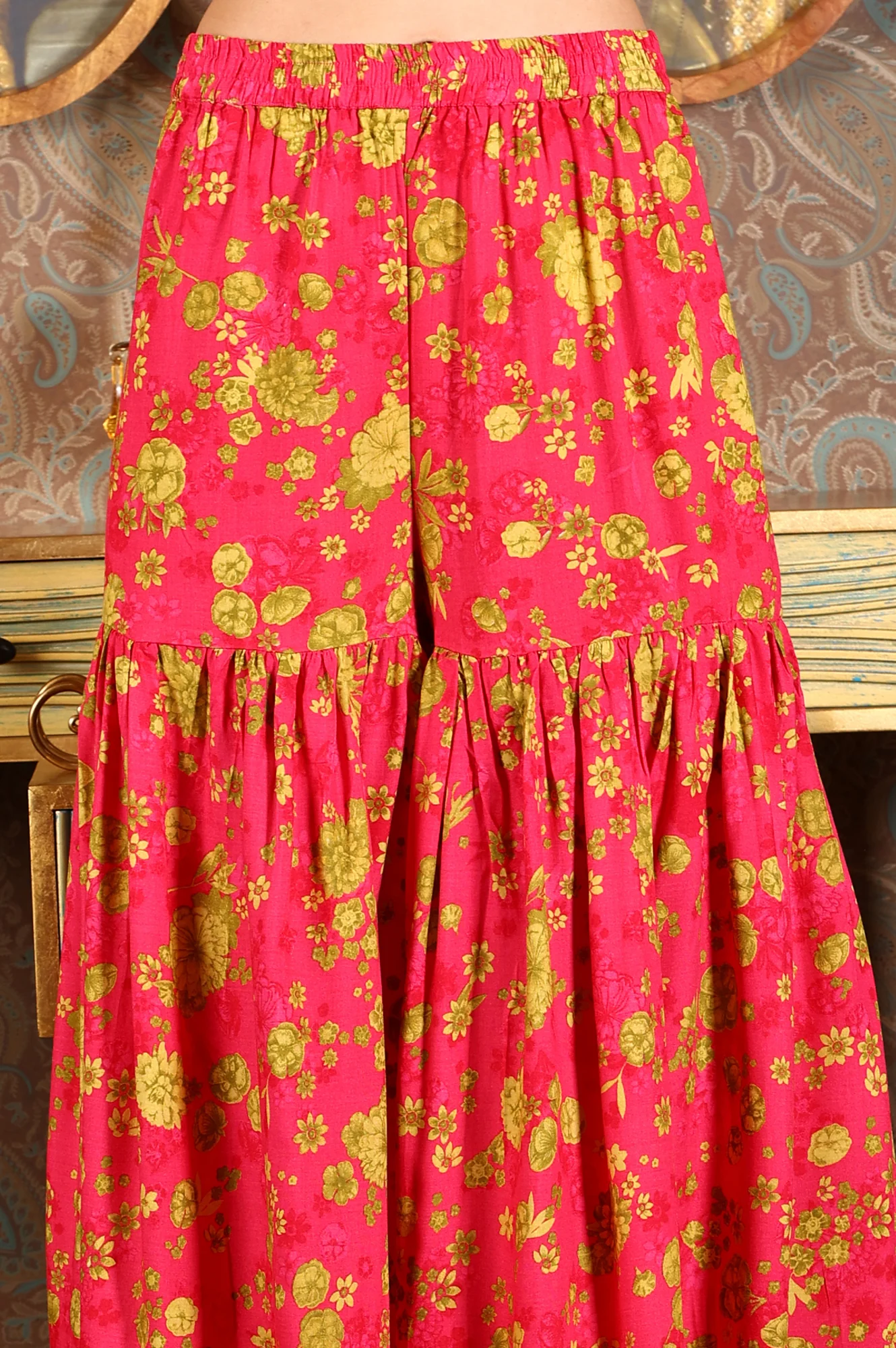Pink Floral Printed Sleeveless Short Kurta, Sharara And Dupatta Set - Image 8