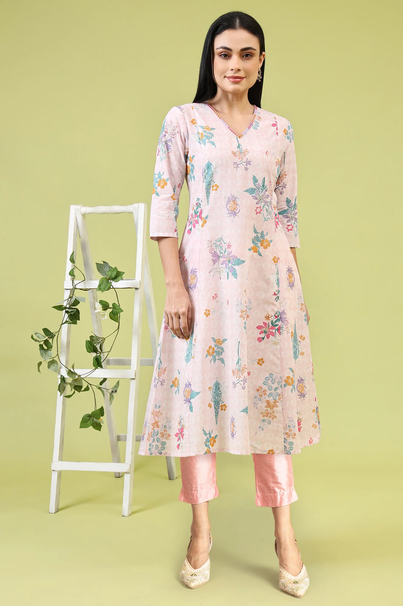 Pink Floral Printed Thread Embroidered Pure Cotton A-Line Kurta and Slim Pant Set