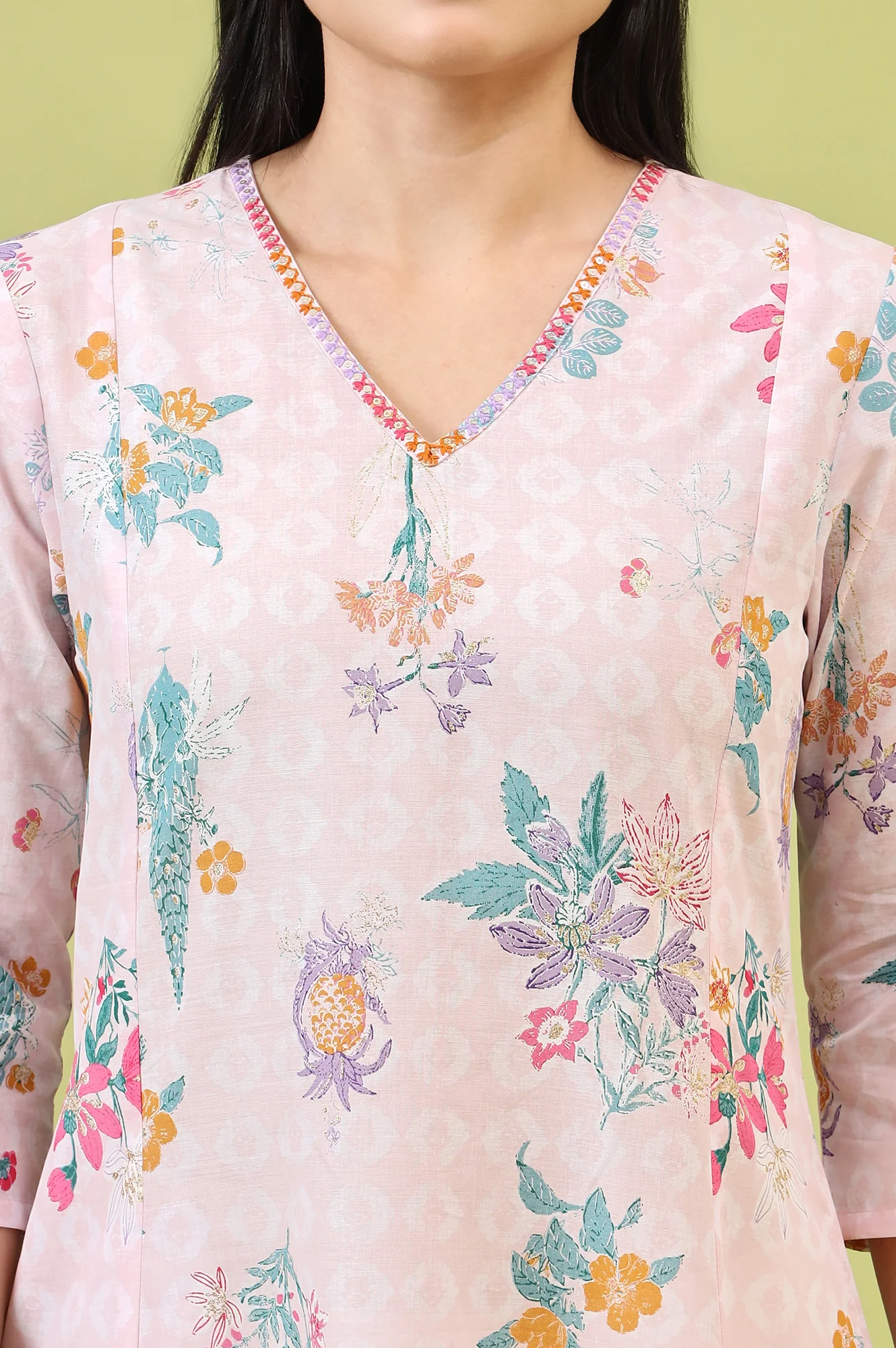 Pink Floral Printed Thread Embroidered Pure Cotton A-Line Kurta and Slim Pant Set - Image 2
