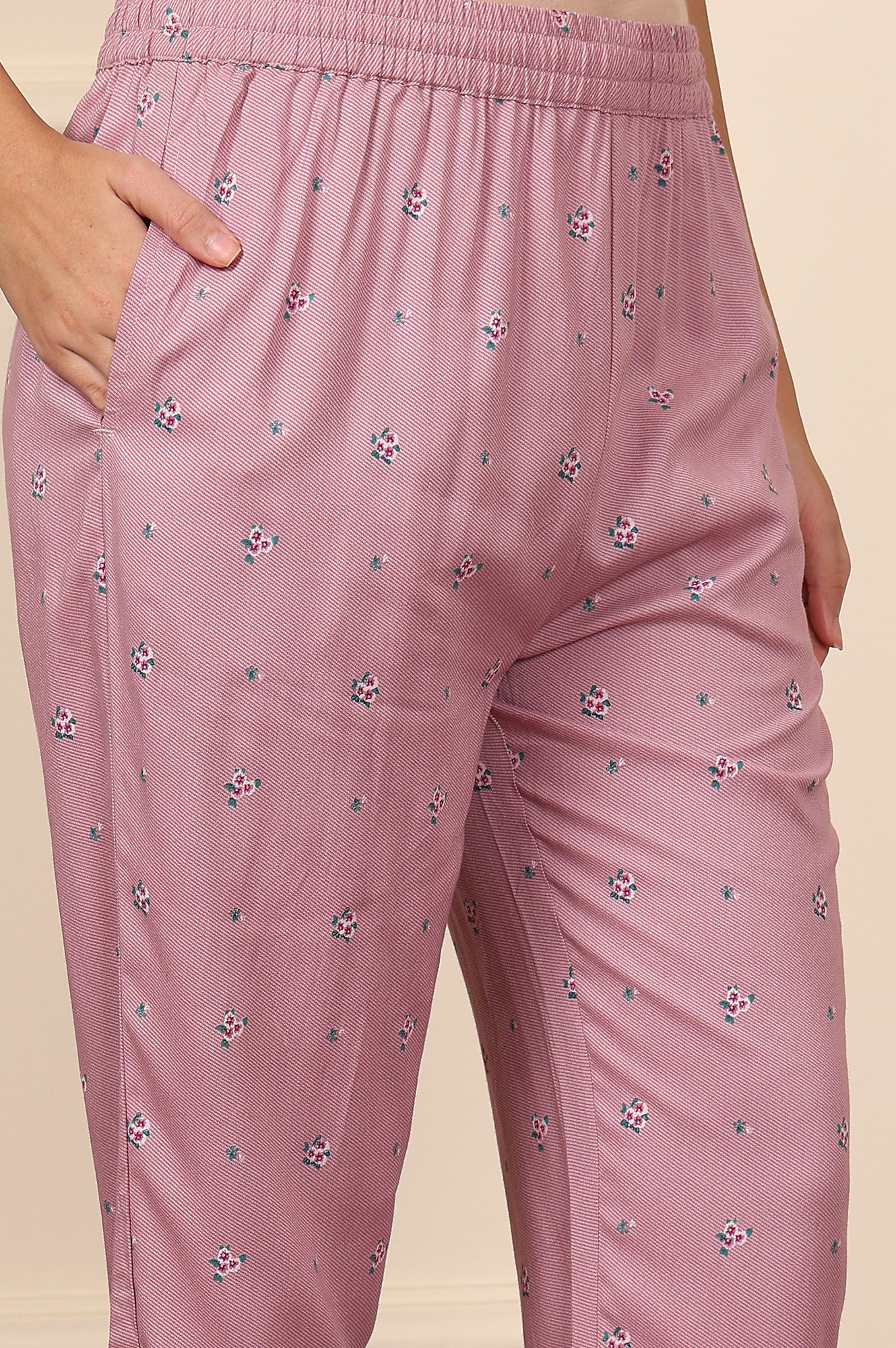Pink Floral Printed Thread Embroidered Rayon Kurta And Pants Co-Ord Set - Image 9