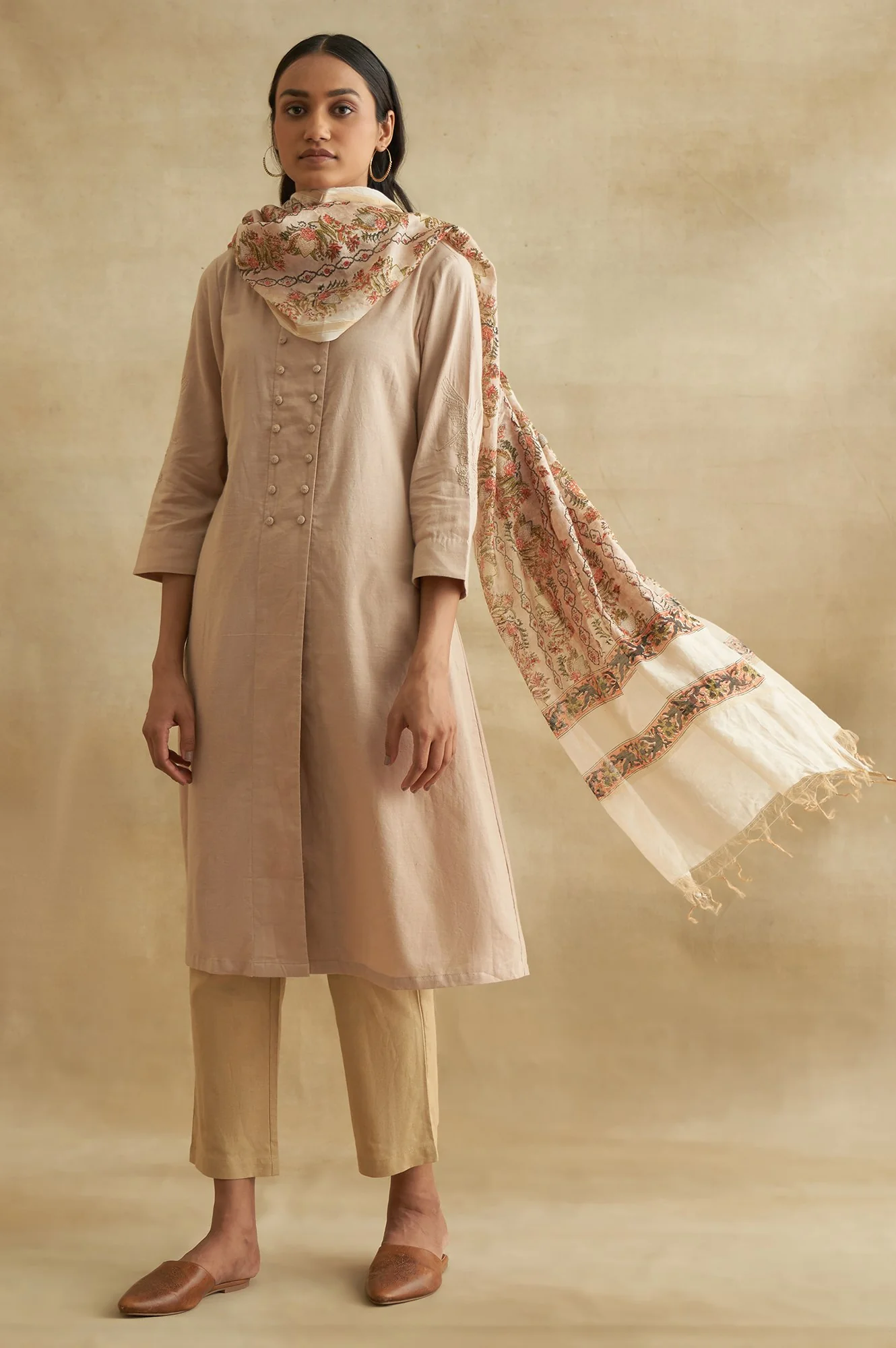 Pink Floral Tasseled Cotton Dupatta - Image 3