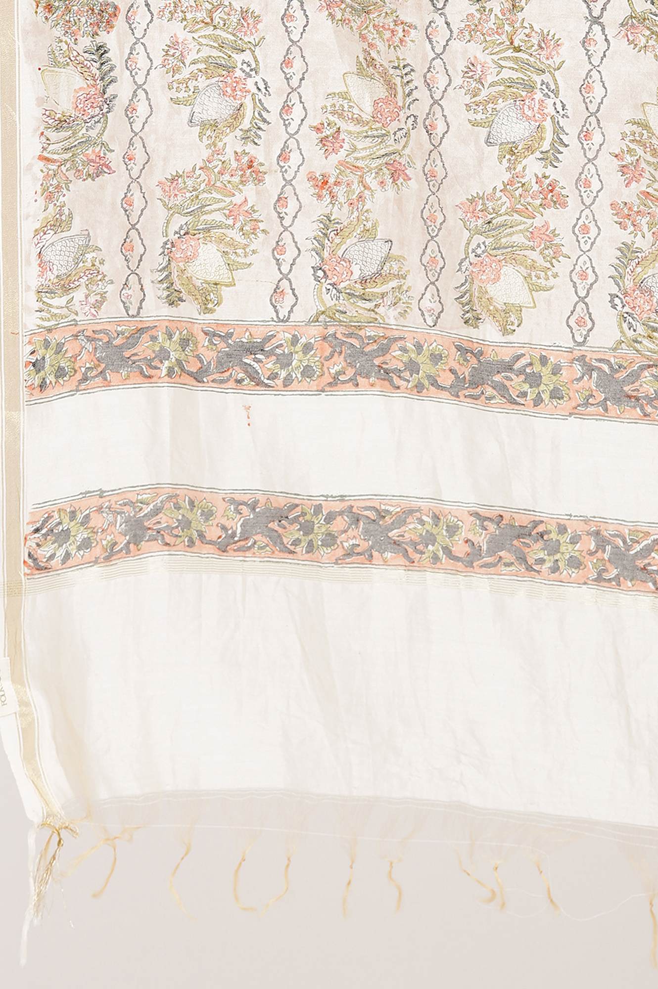 Pink Floral Tasseled Cotton Dupatta - Image 4