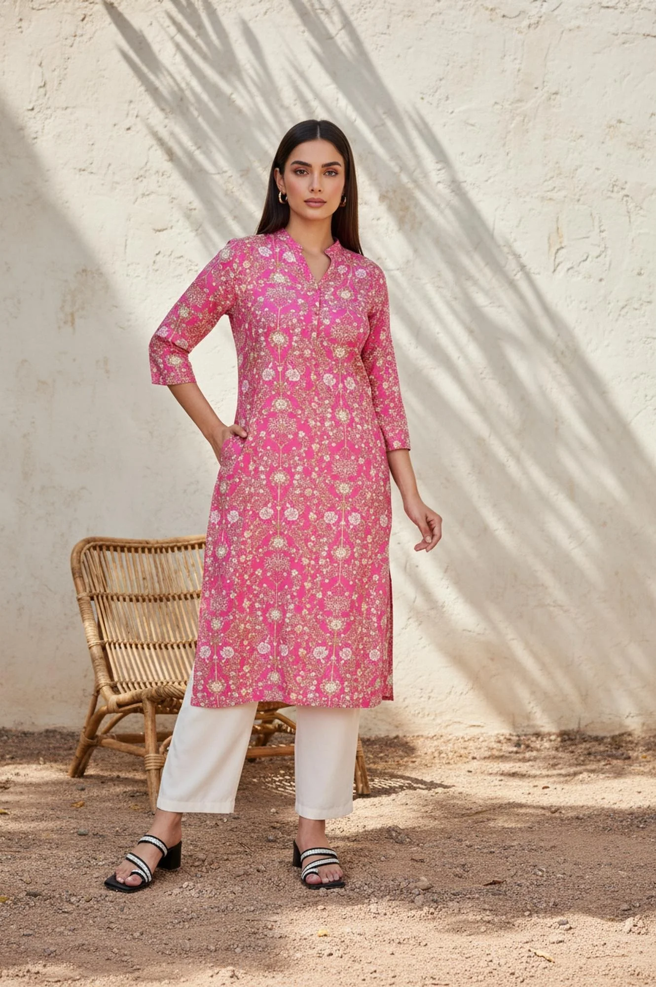 Pink Floral Thread Work Straight Rayon Kurta