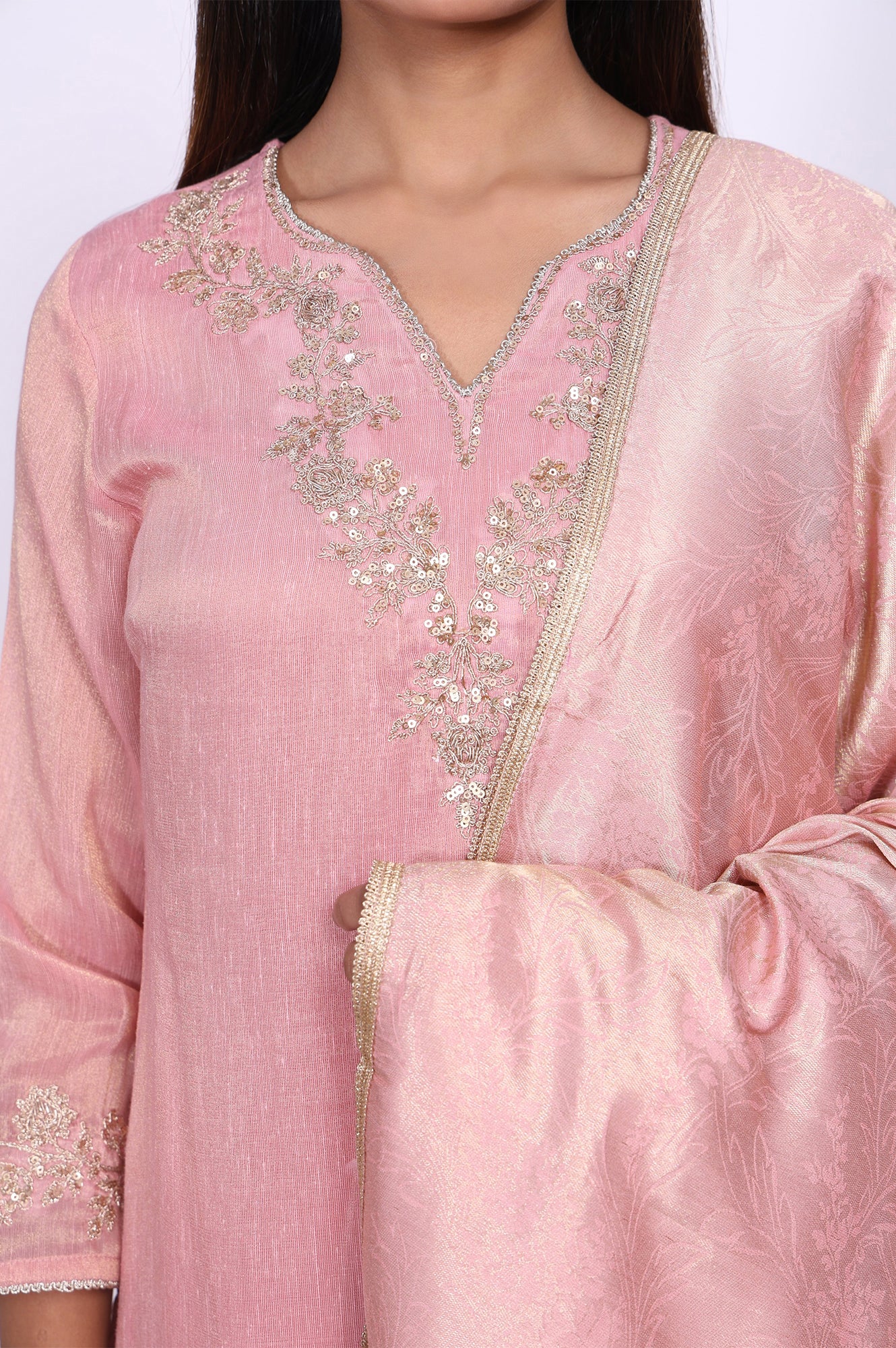 Pink Floral Tissue Straight Kurta with Straight Pant and Dupatta Set - Image 2