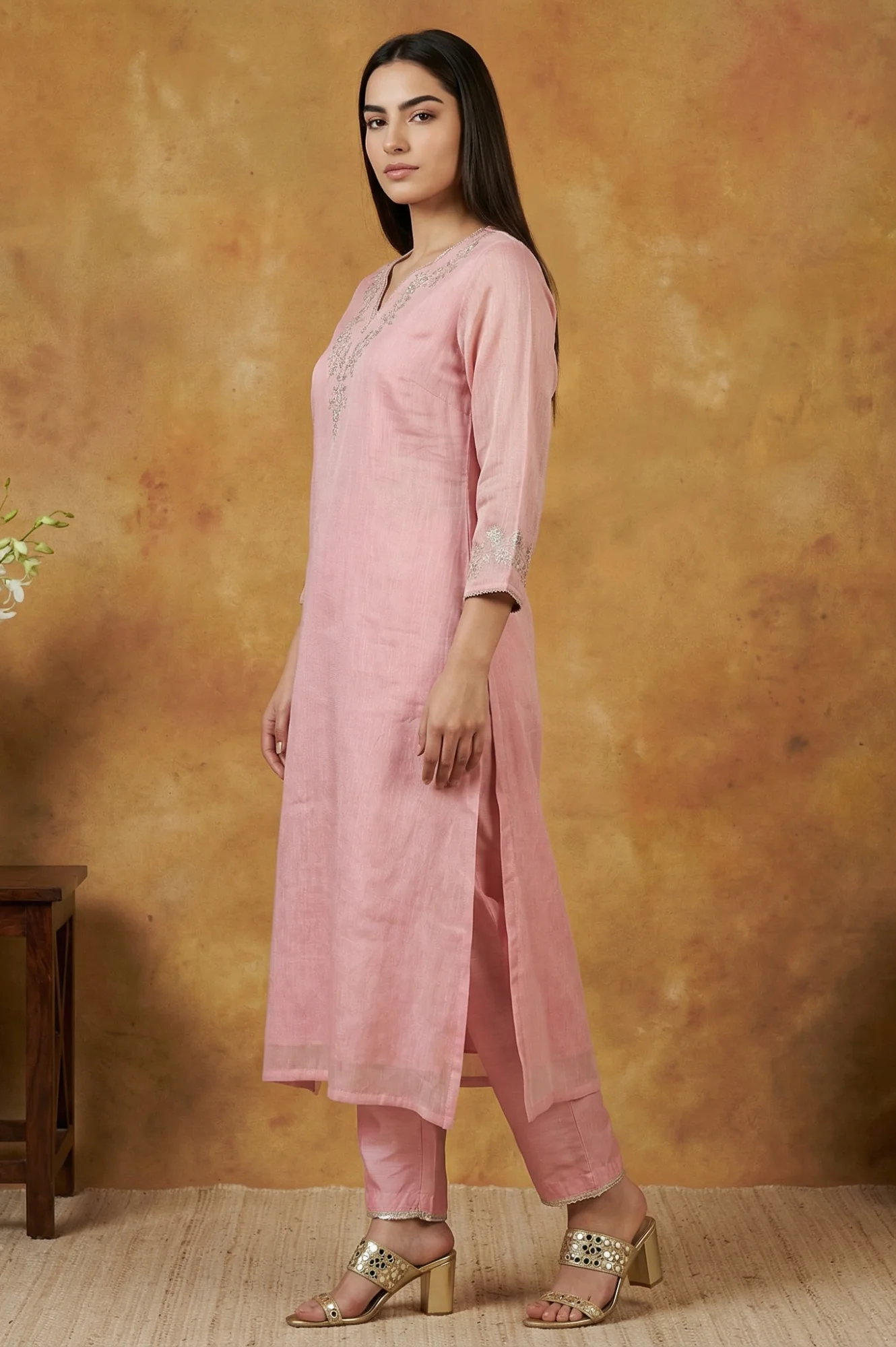 Pink Floral Tissue Straight Kurta with Straight Pant and Dupatta Set - Image 3