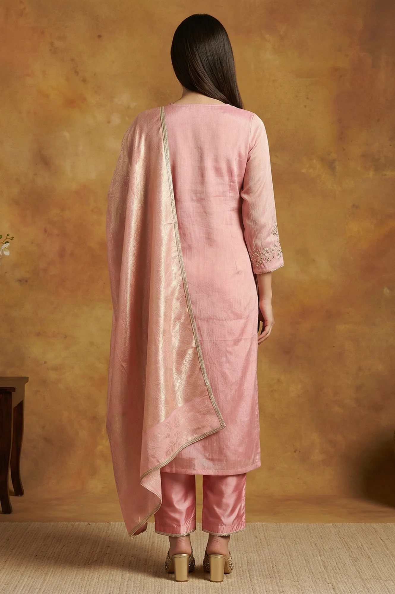 Pink Floral Tissue Straight Kurta with Straight Pant and Dupatta Set - Image 4
