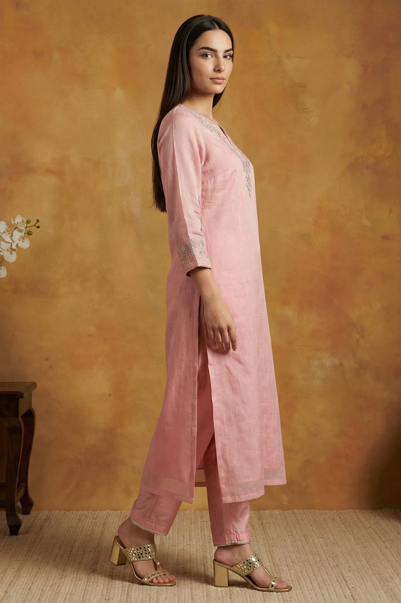 Pink Floral Tissue Straight Kurta with Straight Pant and Dupatta Set - Image 5