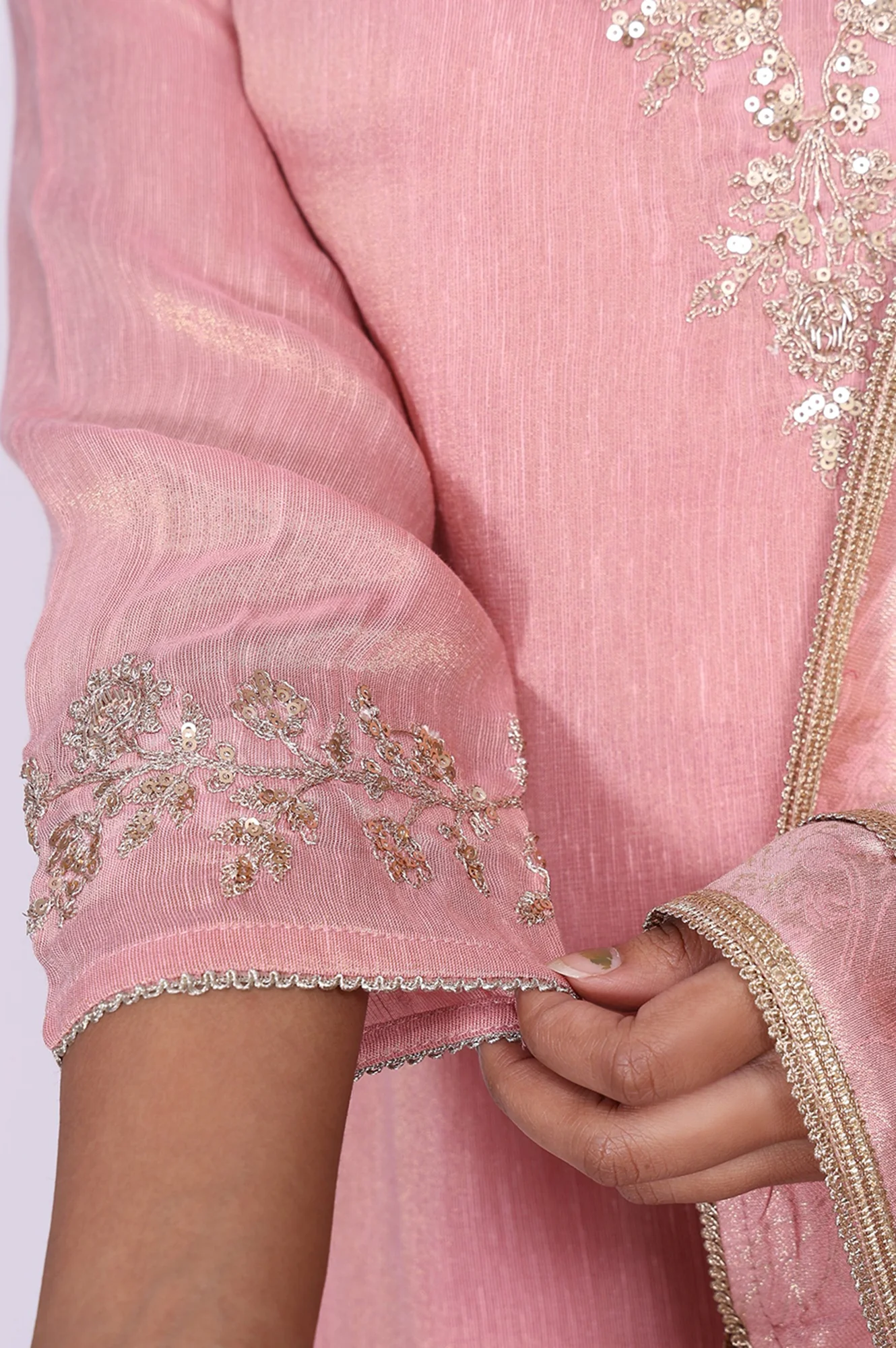 Pink Floral Tissue Straight Kurta with Straight Pant and Dupatta Set - Image 8