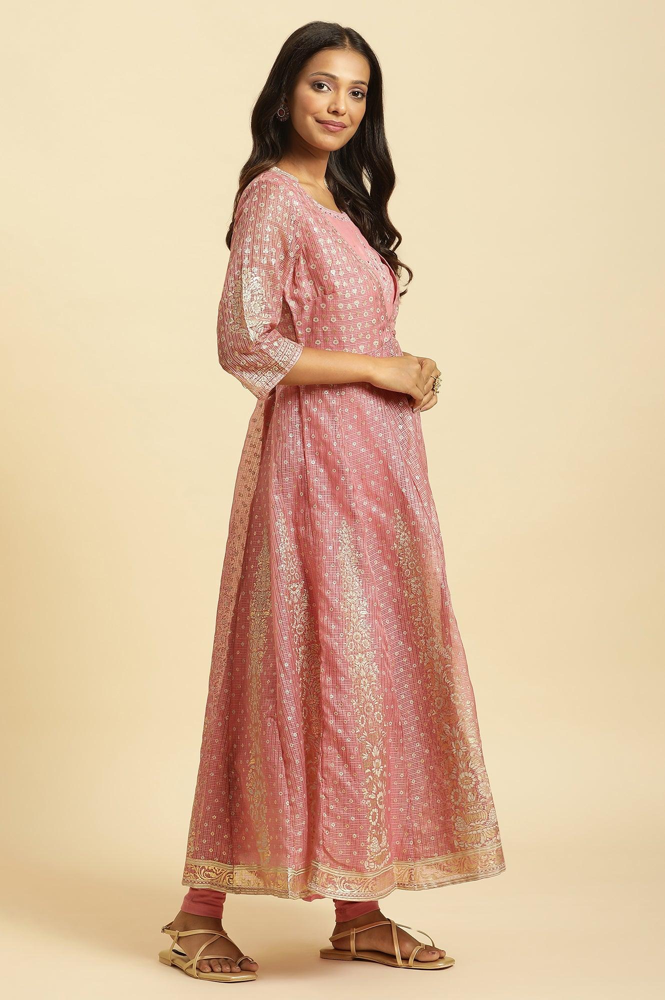 Pink Foil Printed Mock Layered Kurta And  Tights Set - Image 5
