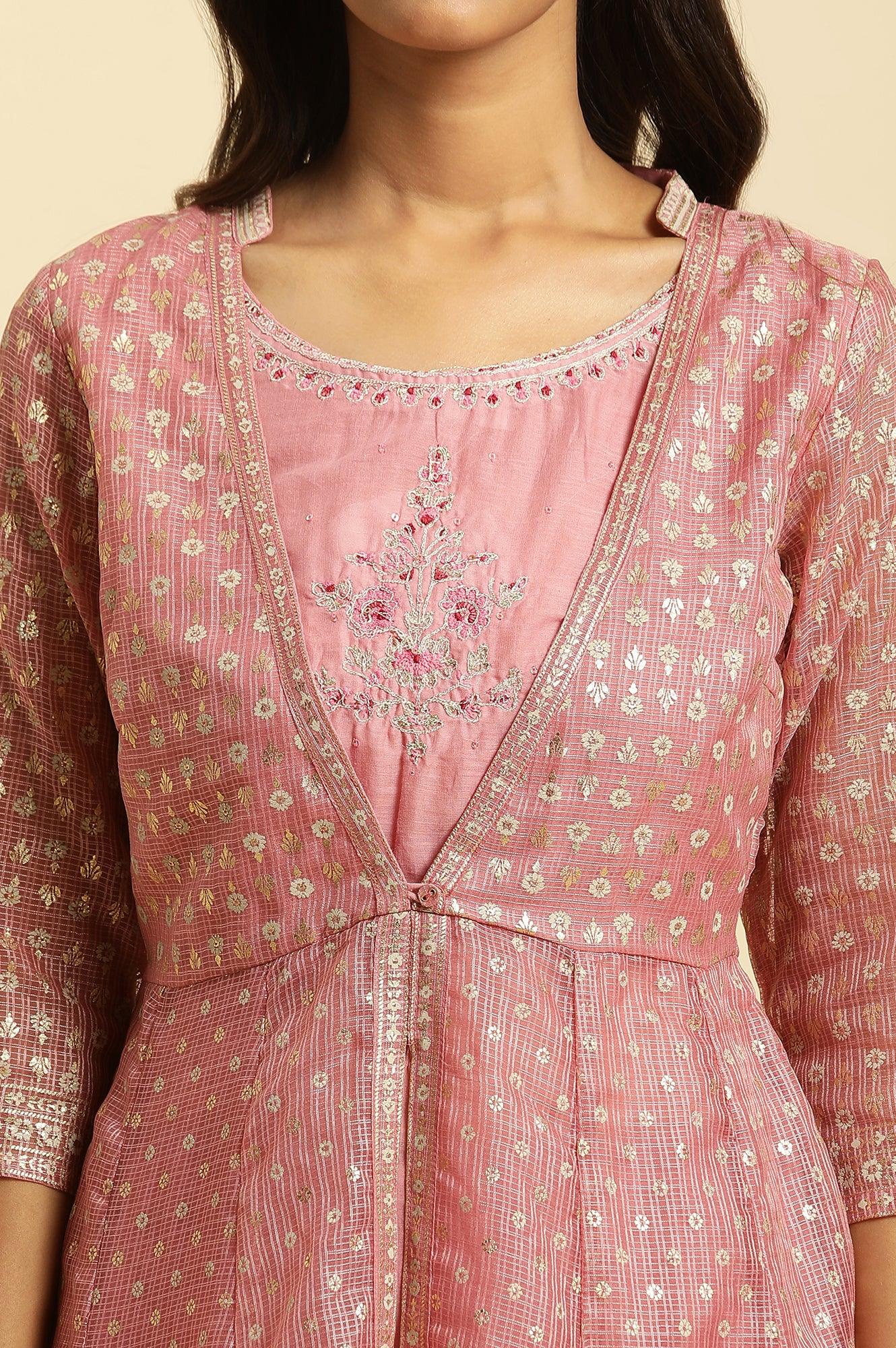 Pink Foil Printed Mock Layered Kurta And  Tights Set - Image 6