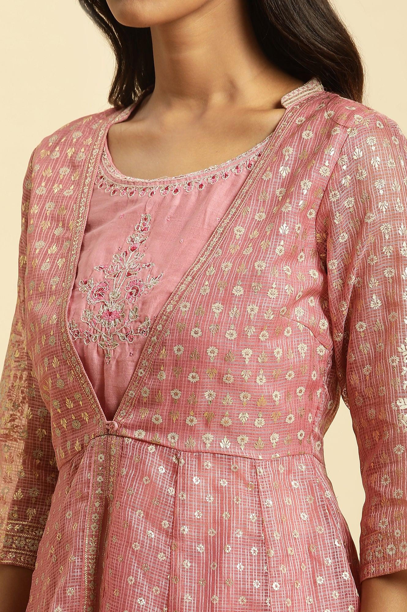 Pink Foil Printed Mock Layered Kurta And  Tights Set - Image 7