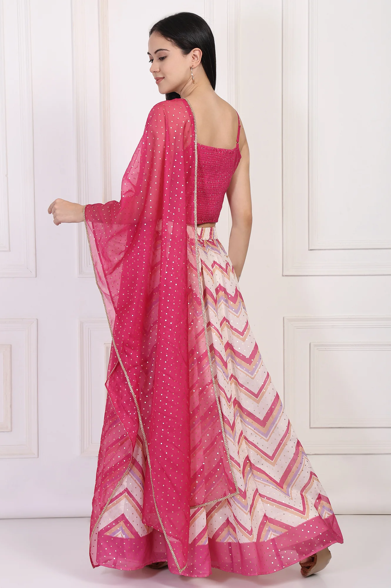 Pink Foil Printed Sequined Flared Crop Top with Skirt and Dupatta Set - Image 5