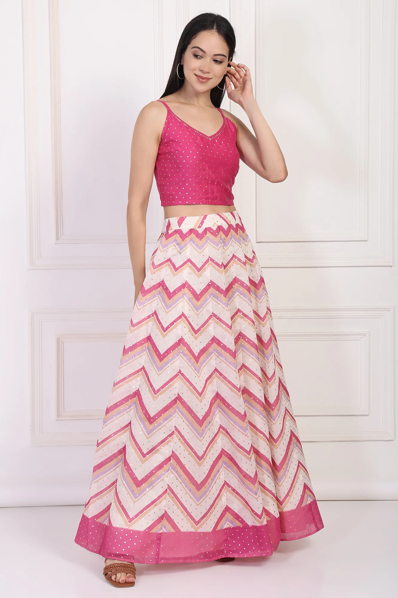Pink Foil Printed Sequined Flared Crop Top with Skirt and Dupatta Set - Image 6
